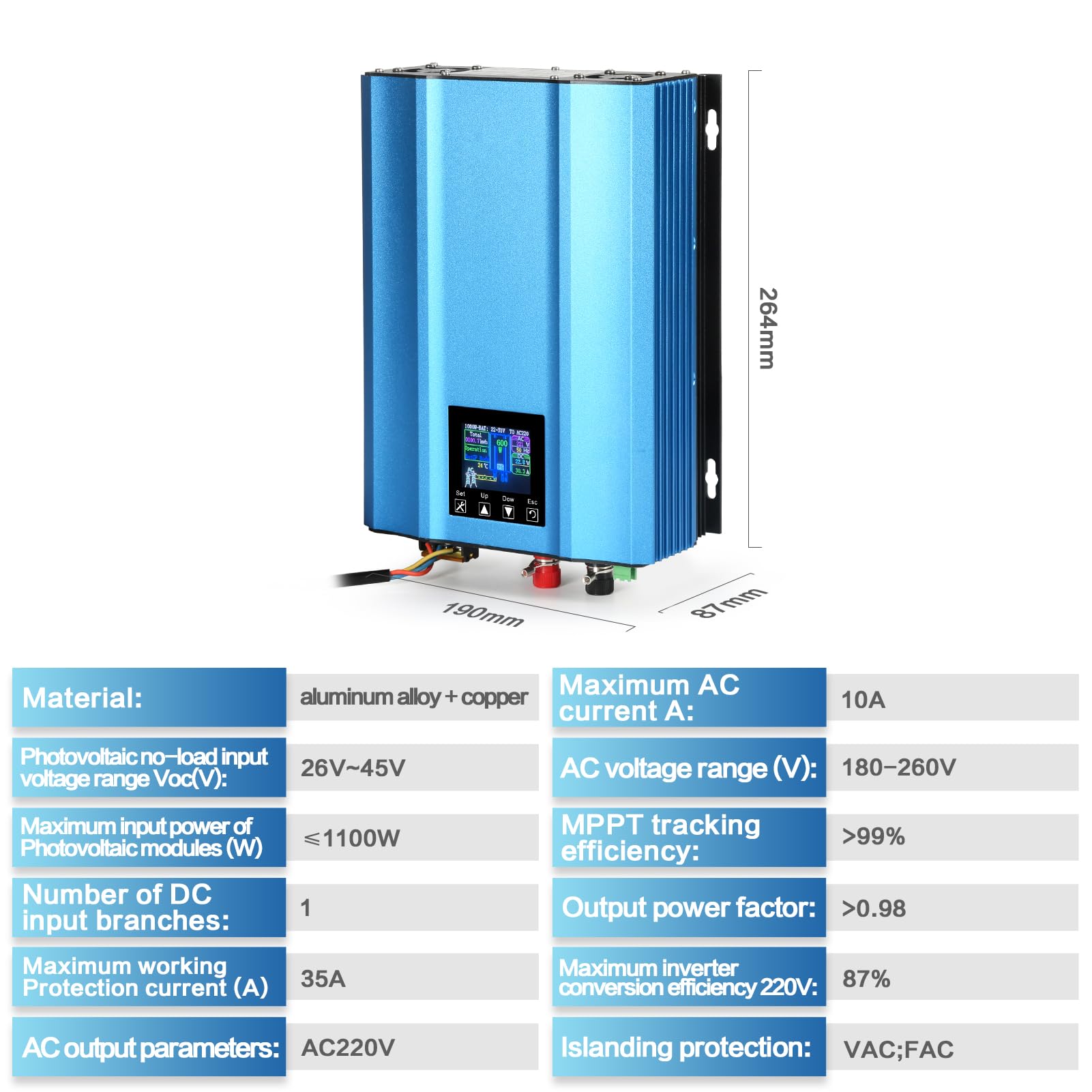 DEWIN Solare Inverter 1000W, Micro Inverter Fotovoltaico Inverter Grid Tie MPPT Micro Inverter 1000W Solar Grid Inverter di Rete per Pannelli Solari,Scarico della Batteria a 24V Regolabile AC 220V