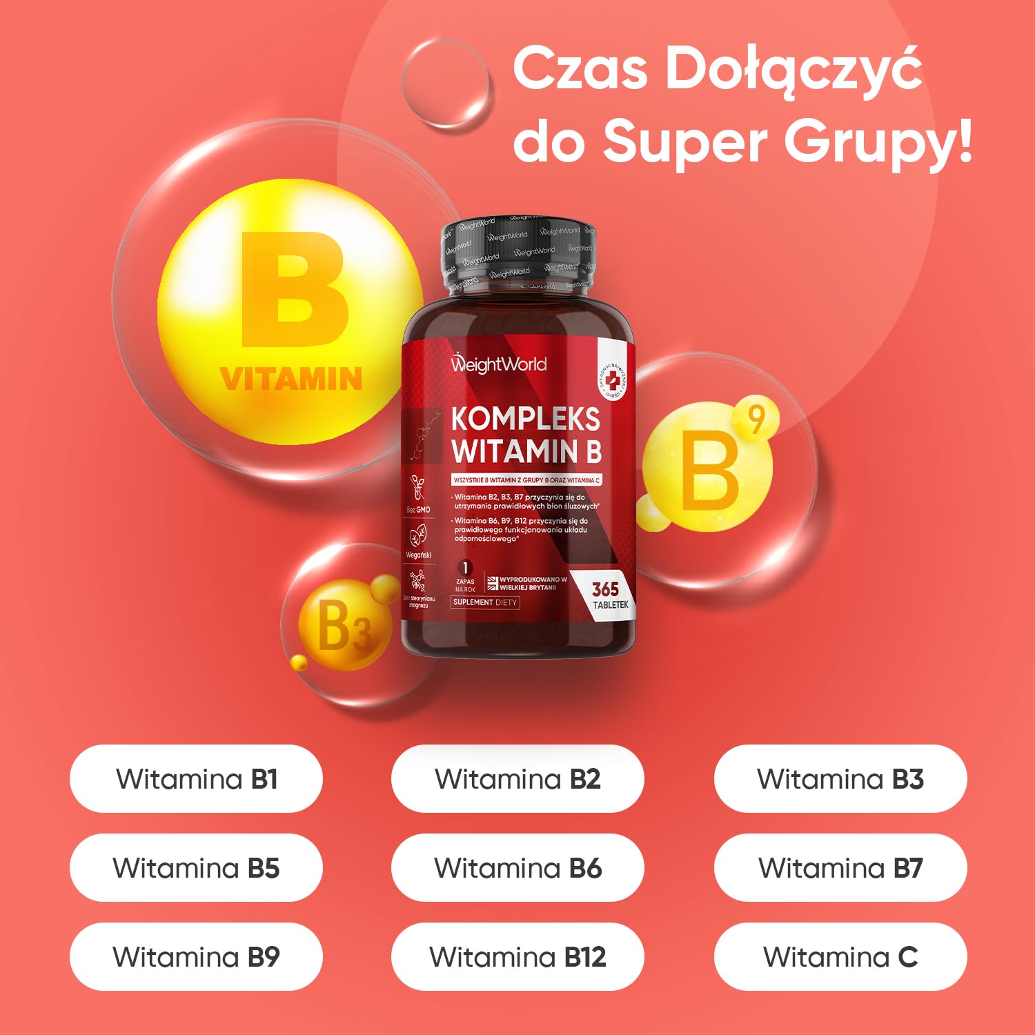 Kompleks witamin B wzbogacony o witaminą C – 365 wegańskich tabletek, 1 rok zapasu – 8 witamin z grupy B, pełny kompleks B: B1, B2, B3, B5, B6, B7 (Biotyna), B9 (Kwas foliowy) i B12