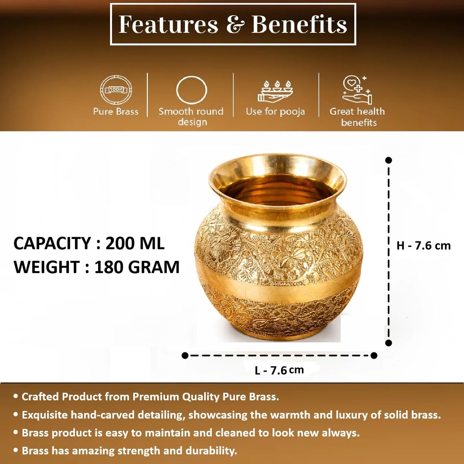 Mkd2 Rise Pure Brass Lota for Puja, Brass Kalash for Pooja (200 ml, 1 Piece) Handcrafted Floral Design Brass Vessel for Home Temple, Jal Arpan, Festivals, Wedding & Religious Rituals 1