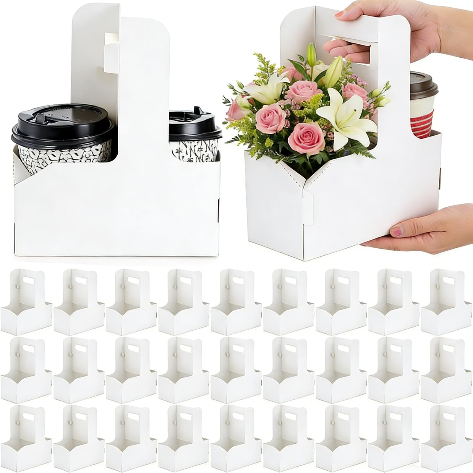 50 Pack 2 Cup Drink Carrier with Handle 2 or 4 Cup Kraft Paperboard Drink Cup Carrier Portable for Delivery Coffee Beverage Cup Holder Valentine Decor