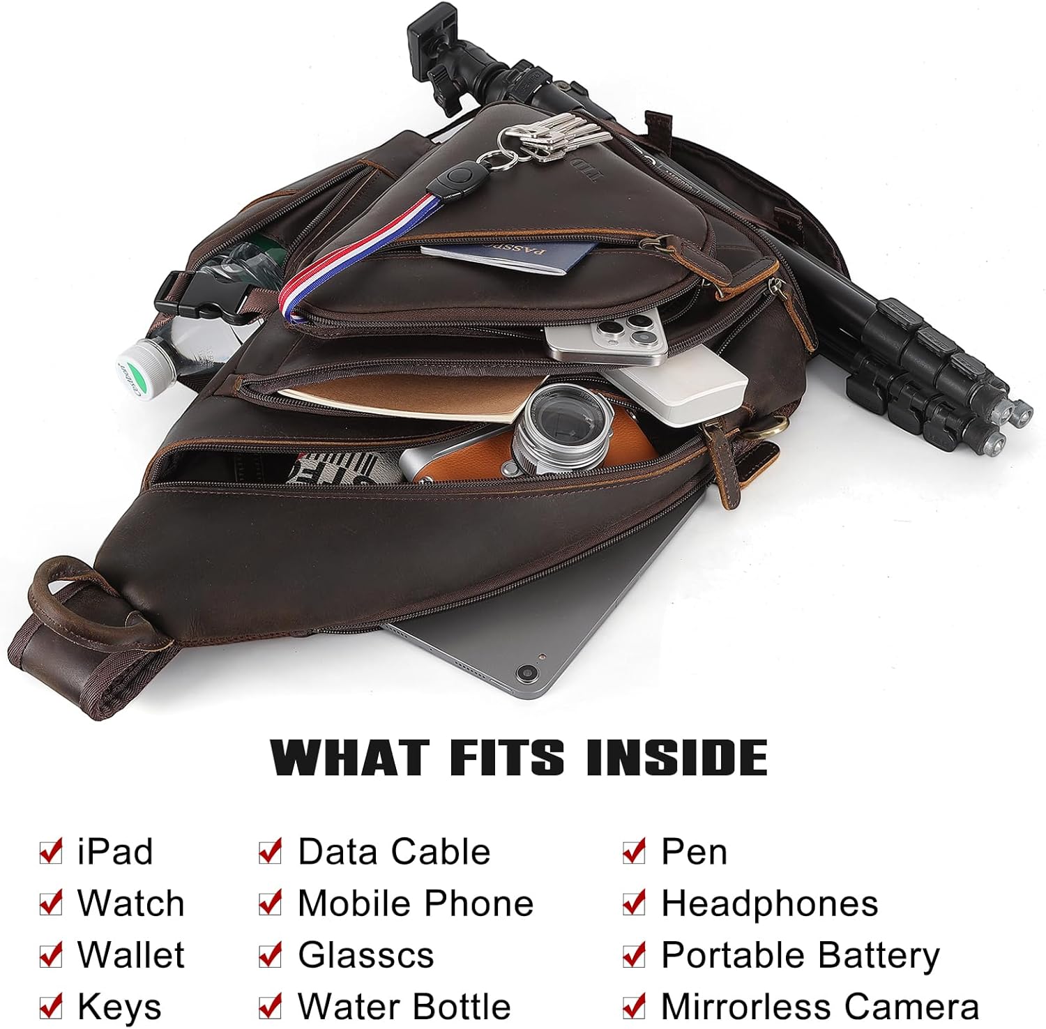 TIDING Full Grain Leather Sling Chest Bag for Men Large Crossbody Shoulder Bag Casual Hiking Daypack Fits 11" Tablet - Image 5