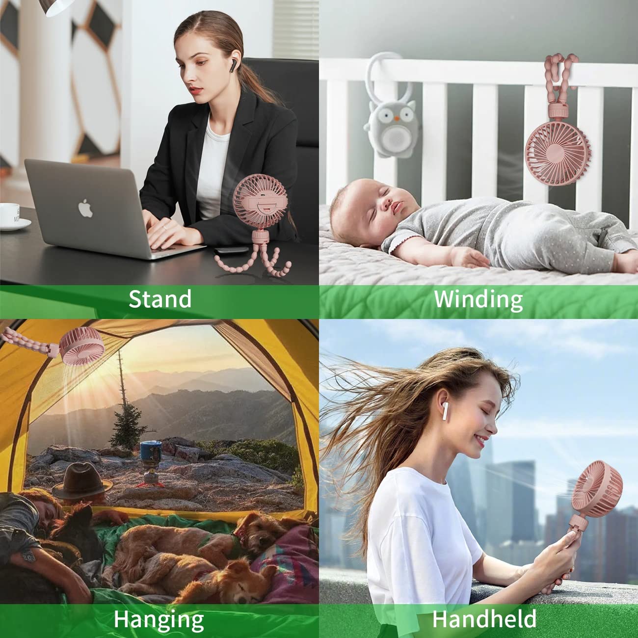 Ventilateur Portable pour Poussette, Batterie Rechargeable par USB, mini Ventilateur de Bébé avec 3 Vitesses, Rotatifà 360° et Clip de Trépied Flexible pour Siège de Voiture, Camping - Rose