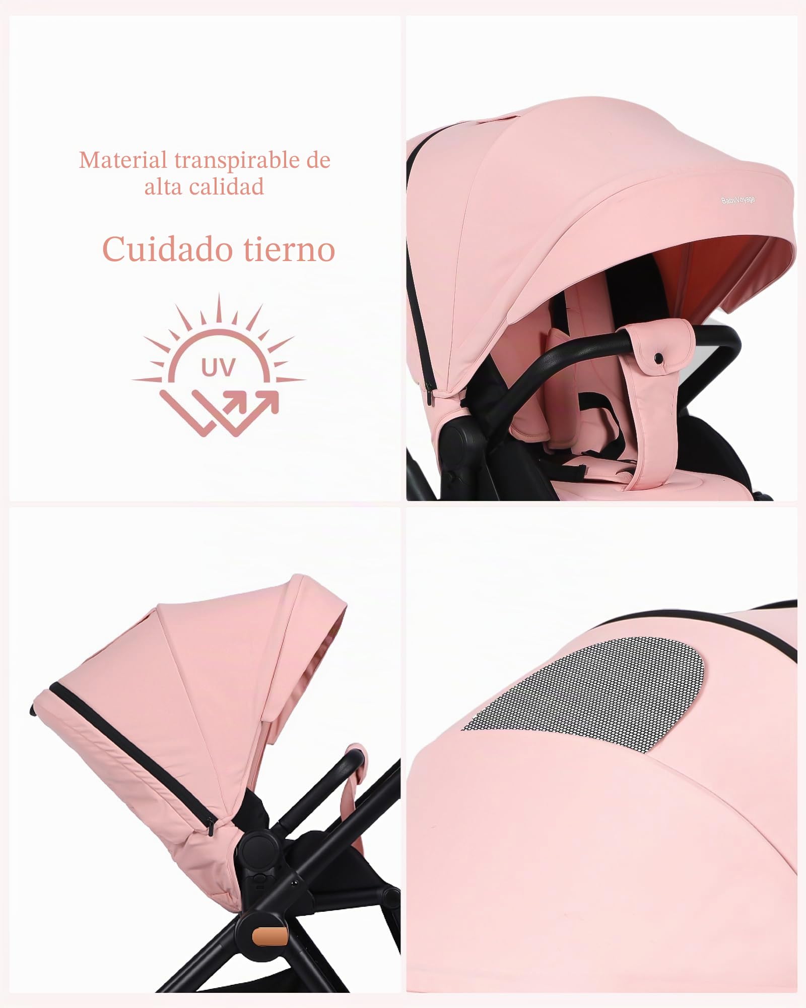 Carrito bebe 3 en 1, carro bebe con dos modos deslizantes reversibles, silla de paseo con marco de aleación de aluminio, juego completo 3 en 1 diseño plegable con un solo toque-Rosa