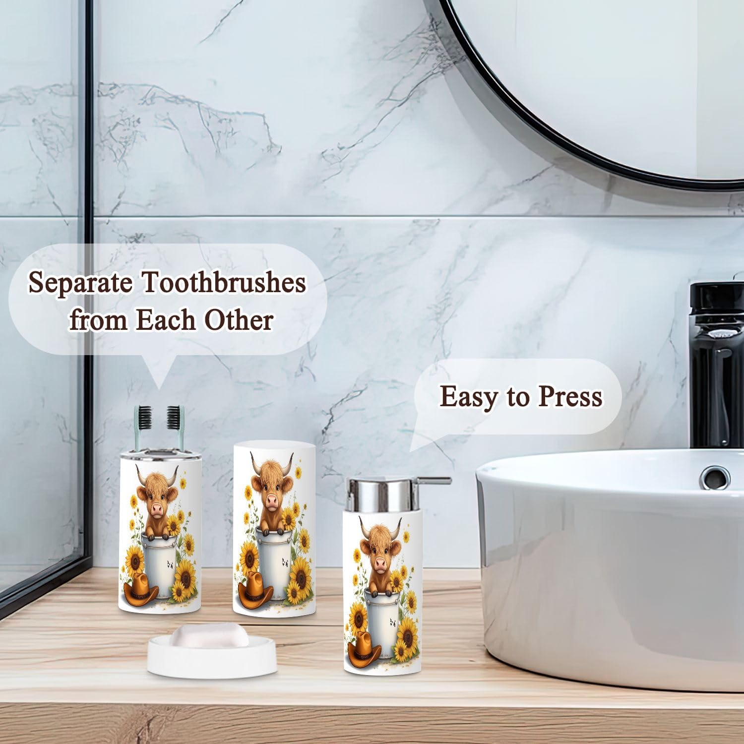 Bathroom Accessories Set 6 Pcs Rustic Farmhouse Highland Cow Sunflower Bathroom Decor Sunflowers Toothbrush Holder Cup Soap Dispenser Soap Dish Toilet Brush Holder Trash Can for Countertop Decor