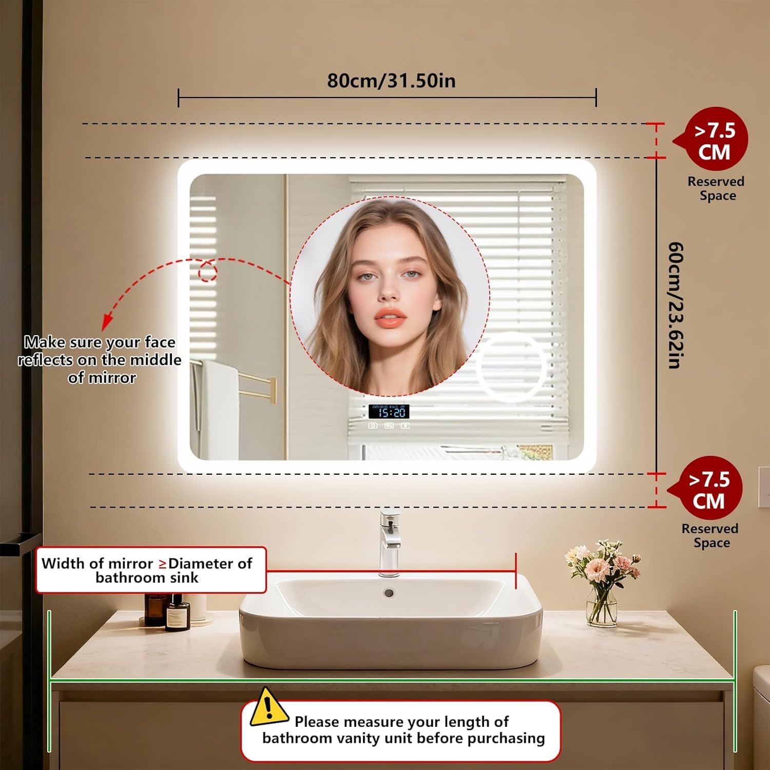 LUVODI 80x60cm Bluetooth Ora Data Specchio Bagno Led Luce Ingranditore 3X Antiappannamento 3000K-6000K Dimmerabile 3 Colori Luce Funzione memoria Specchio in Resina Specchio Retroilluminato Bagno