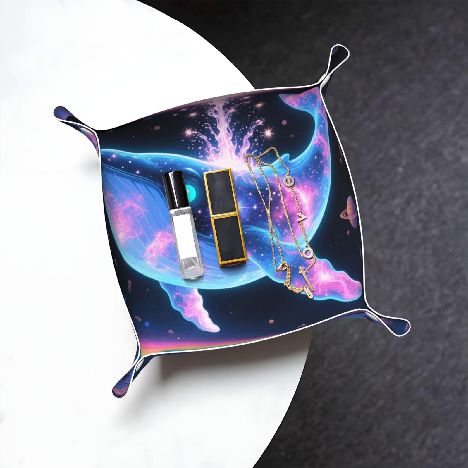 Sci-Fi Whale Valet Tray Organizer Pu Leather Travel Catchall Tray Organizer Portable Jewelry Tray Storage Keys Tray for Entryway Table Coins Watches Candy