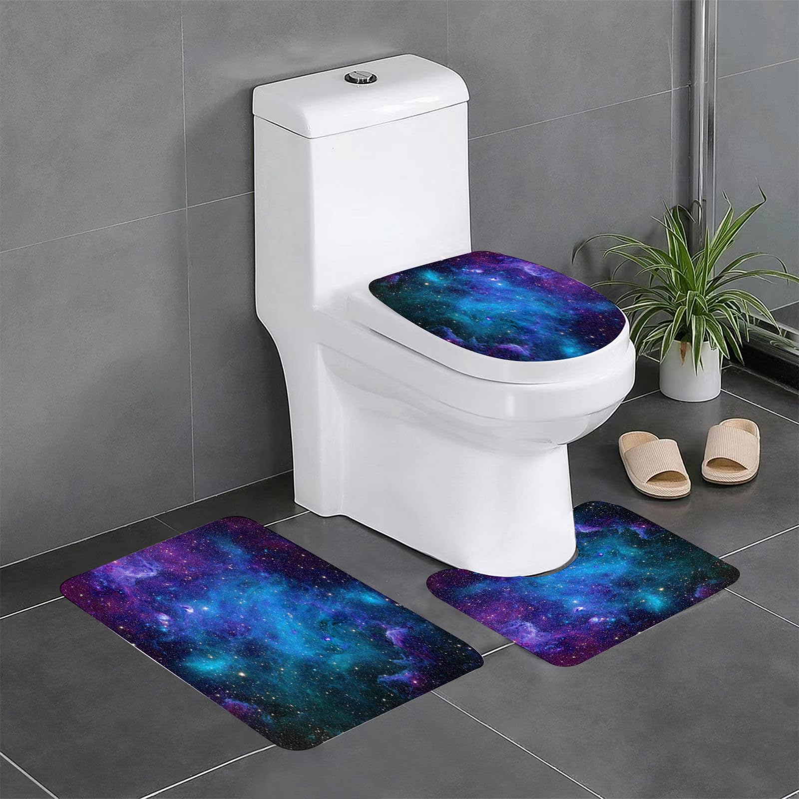 Set di 3 tappetini da Bagno, Lavabili in Lavatrice e Antiscivolo, in Morbida Fibra Superfine, con Motivo Cielo Stellato.