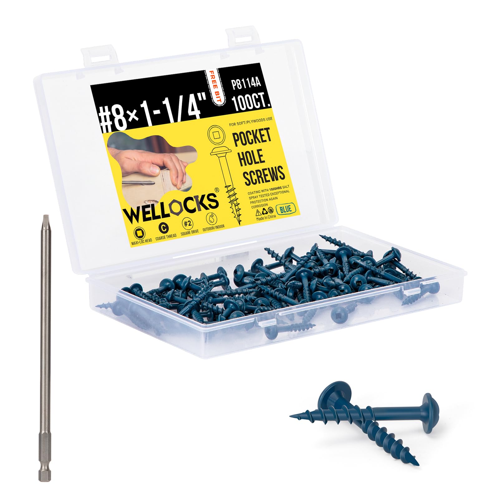 WELLOCKS Pocket Hole Screws #8×1-1/4" 100PCS Blue 6" Long SQ2 Bit Included 1000hrs Salt Spray Coating Strong Rust Resistant Wood Screws Square Drive Coarse Thread Sharp Point Exterior Wood Work