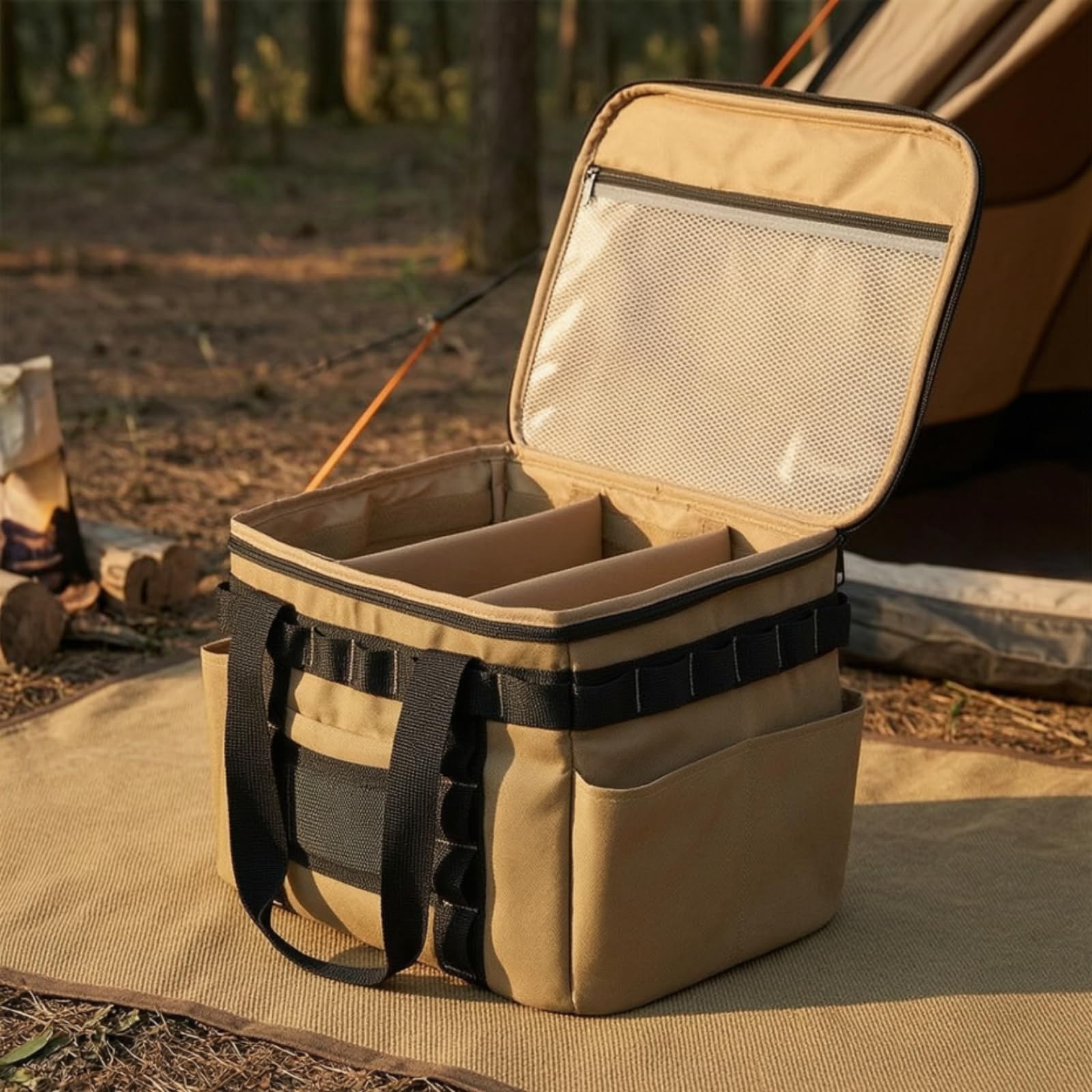 Outdoor Folding Light Borsa da Campeggio Organizer Contenitore Custodia con Scomparti in Poliestere Imbottito Portatile con Manici Adatto a Campeggio Viaggio Auto Picnic, Nero