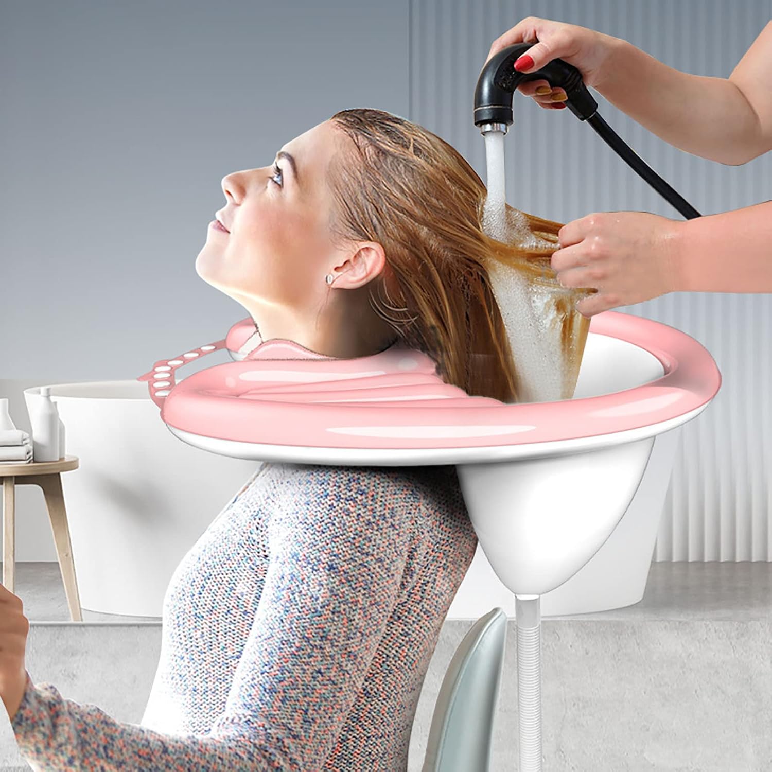 Inflatable Hair Washing Basin Portable PVC Foldable Shampoo Basin for Women Elderly Patient Quickly Inflated Deflated(Color:Pink)