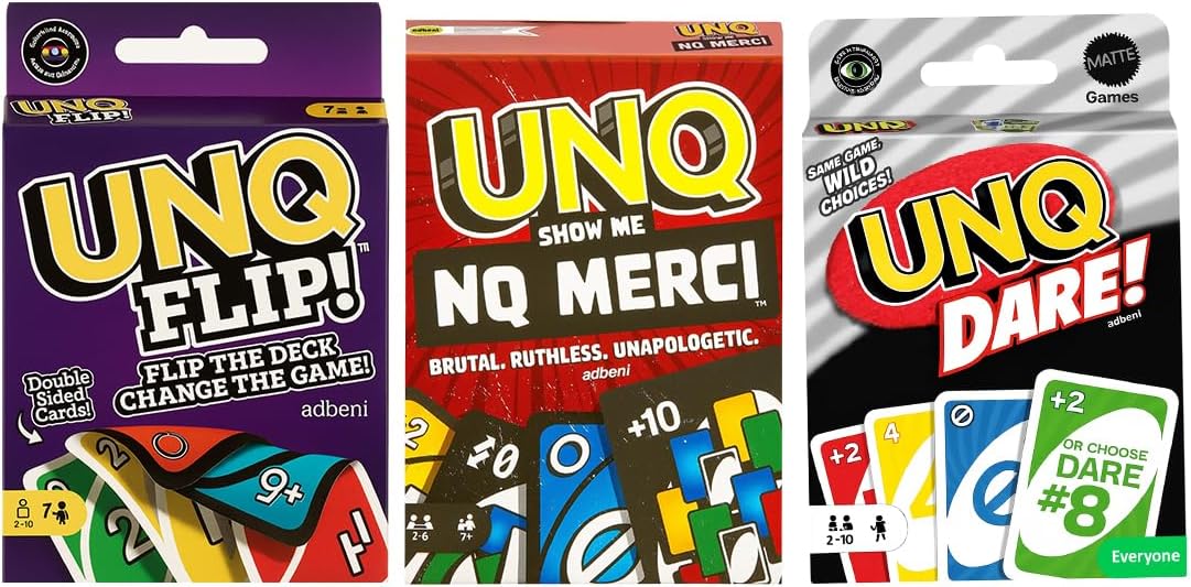 adbeni Matte UNQ FLIP, Merci & Dare | Combo Pack of 3 | Reversible Play, Action & Challenge Card Games for Kids, Teens & Adults | Perfect for Travel, Holidays & Family Game Nights