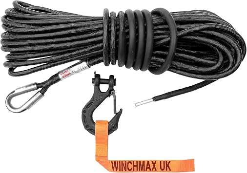 WINCHMAX Armourline Double Braided Synthetic Rope 25m x 10mm Minimum Break Load 21,000lb / 9,500kg with 3/8 inch Tactical Clevis Hook with Safety Catch and Hand Saver. Hole fixing.
