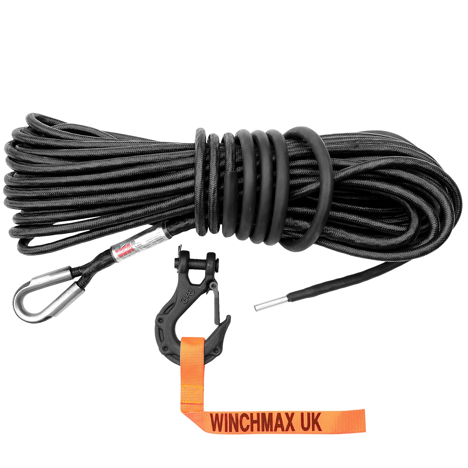 WINCHMAX Armourline Double Braided Synthetic Rope 25m x 10mm Minimum Break Load 21,000lb / 9,500kg with 3/8 inch Tactical Clevis Hook with Safety Catch and Hand Saver. Hole fixing.