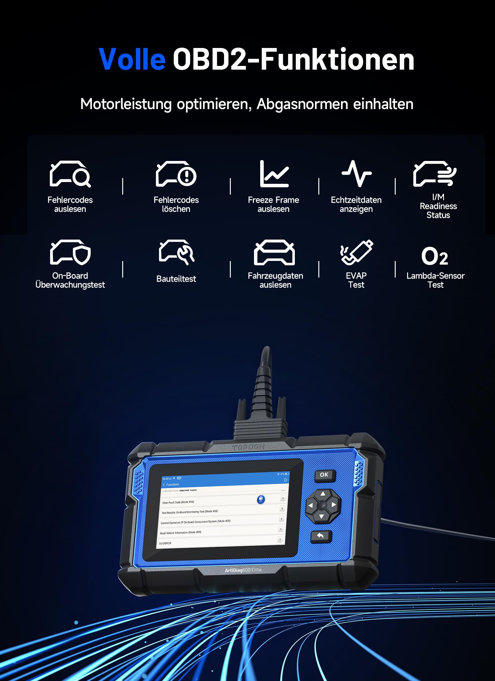 TOPDON ArtiDiag600 Elite OBD2 Diagnosegerät Auto, Diagnosescanner mit Allen System, 13 Resets, FCA/SGW, Auto diagnose Scanner mit CAN-FD, 2 Jahre kostenlose Updates