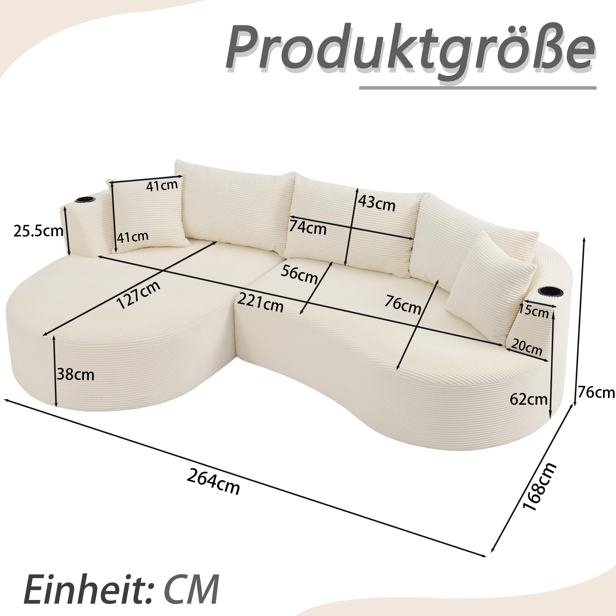 Sofá de 3 Plazas con Pana Suave, Chaise Longue Izquierda, Beige, 2 Piezas