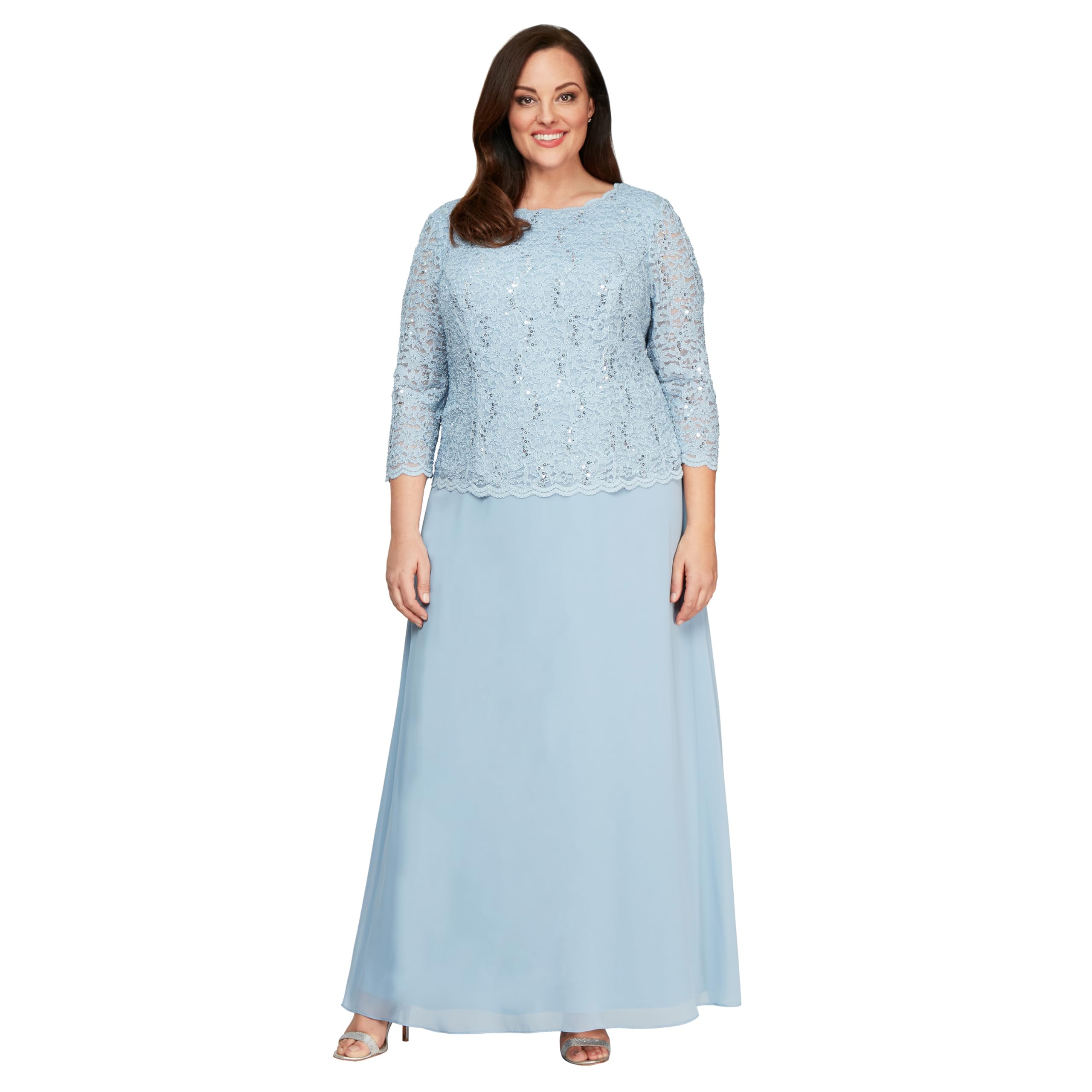 Alex Evenings Women's 3/4 Sleeve Stretch Lace Bodice Mock One Piece Gown