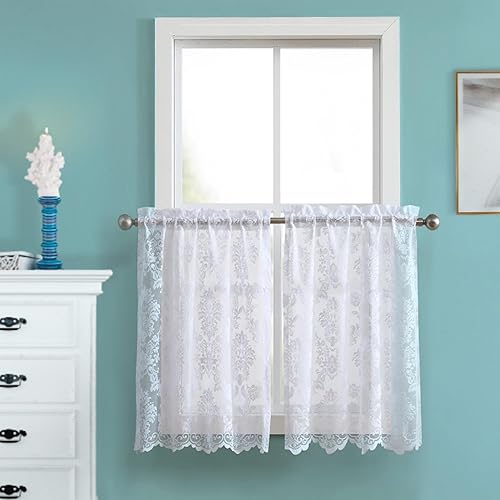 Warm Home Designs Par de cortinas de 30 pulgadas de ancho x 36 pulgadas de largo con encaje de punto de color blanco en patrón de flores