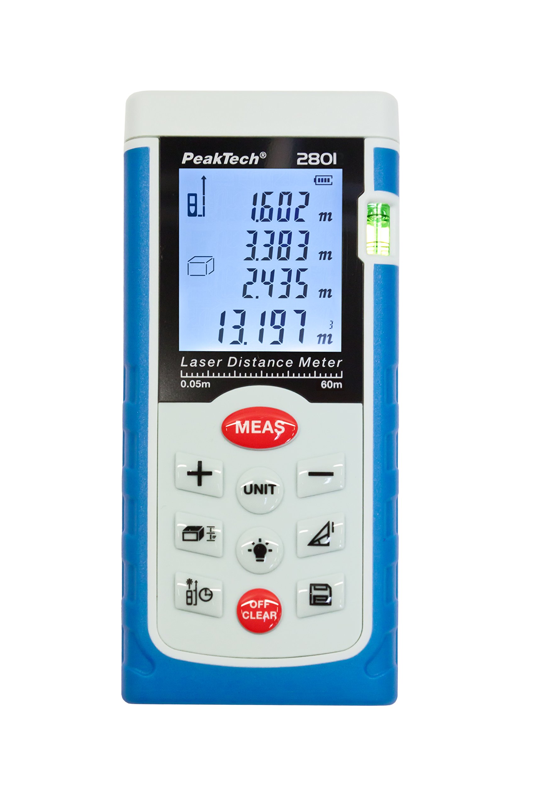 PeakTech, Medidor de distancias LÁSER de calidad 0,05M ... 60 M, con pantalla LCD iluminada y nivel de burbuja, 1 unidad, P 2801