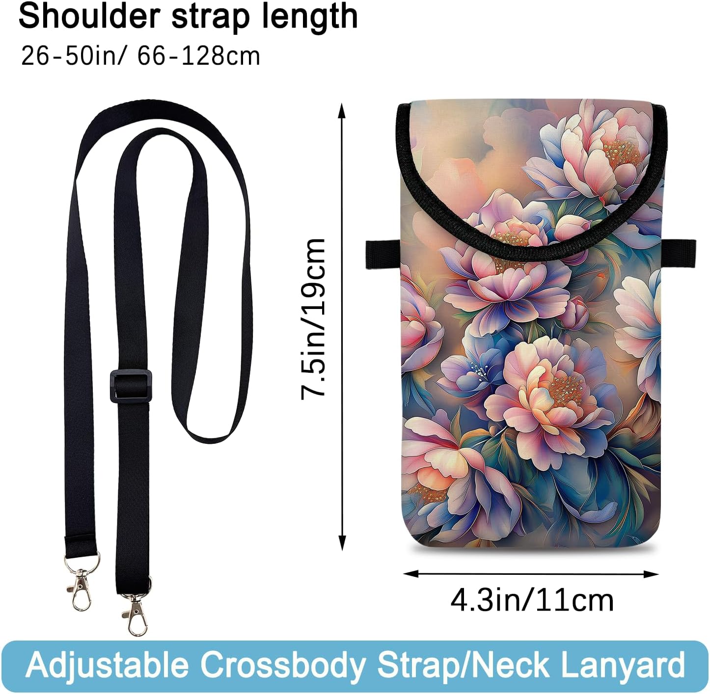 Neoprene Cell Phone Sleeve Pouch Case Bag with Crossbody Strap Neck Lanyard for Women 7.5 X 4.3 in Rich Flower - Image 2
