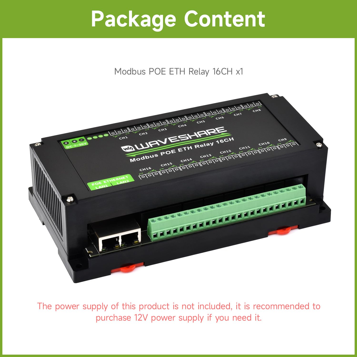 Waveshare 16-Ch Ethernet Relay Module, Modbus RTU/Modbus TCP Protocol, Ethernet Communication, Support PoE, Various Isolation & Protection Circuits, Industrial Grade Rail-Mount Case