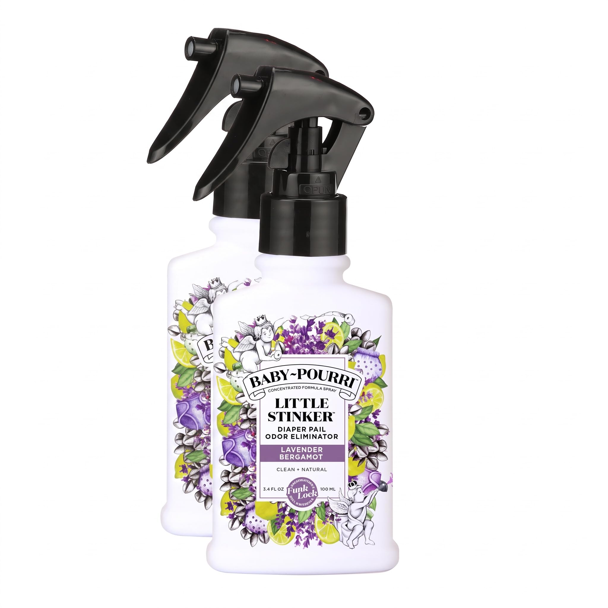 Baby-Pourri Little Stinker Diaper Pail Deodorizer Spray,3.4 Fl Oz,Up to 150 Uses,Odor Freshener with Essential Oils,Nursery Essentials,Lavender,Bergamot,Eucalyptus &amp; Vanilla Scent,(Pack of 2)