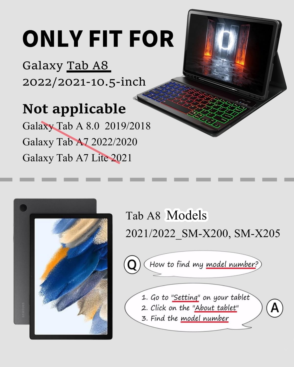 for Tab A8 Case with Keyboard Samsung Galaxy Tab A8 10.5-inch 2021/2022 SM-X200, SM-X205 Dazzle Magic Keyboard Backlit Built-in Pencil Holder with Mouse Black