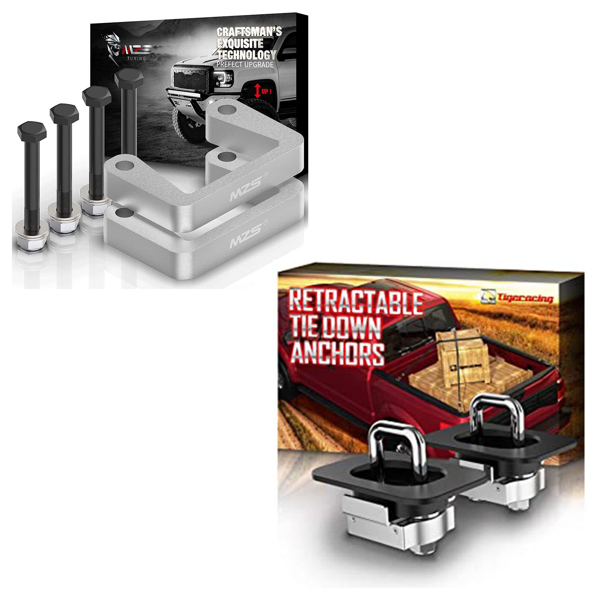 MZS 2.5" Front Leveling Lift Kit + Tigeracing Tie Down Anchors Retractable Truck Bed Side Wall D Ring Compatible with 2007-2013 Silverado 1500