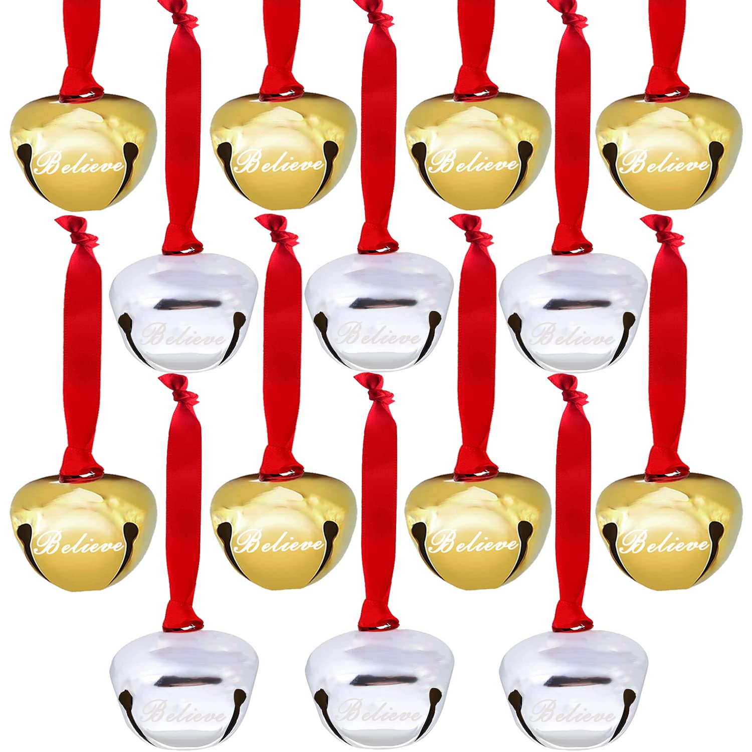 32 pezzi 3,6 pollici Believe Bells, campanelle per albero di Natale, campane Polar Express per fai da te, vacanze, artigianato, casa, decorazioni per matrimoni (oro+argento)