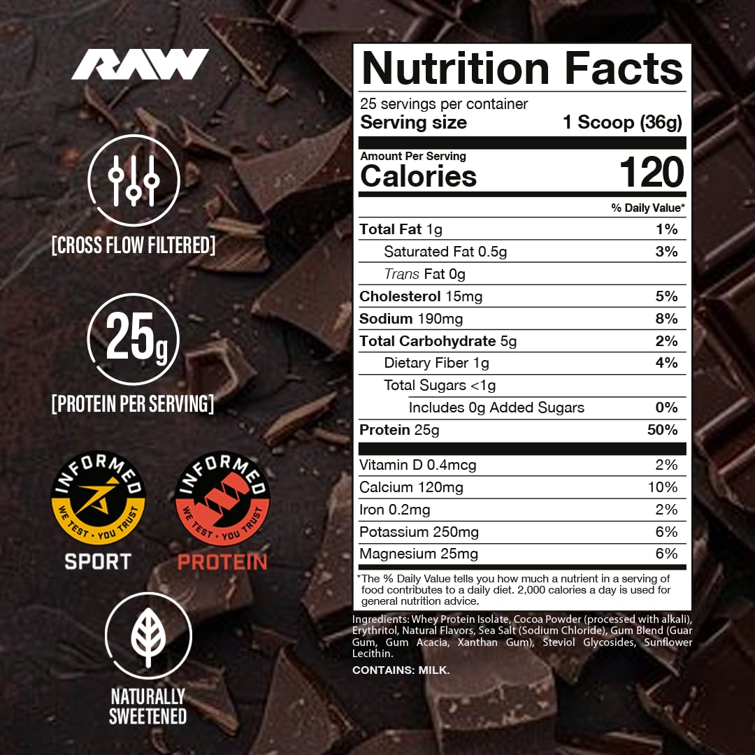 RAW Whey Isolate Protein Powder, Dark Chocolate - 100% Grass-Fed Sports Nutrition Whey Protein Powder for Muscle Growth & Recovery - Low-Fat, Low Carb, Naturally Flavored & Sweetened - 25 Servings — Amazon image 2