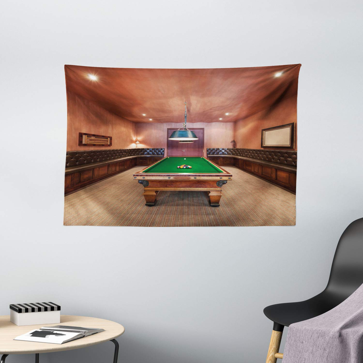 Ambesonne Modern Tapestry, Entertainment Room in Mansion Pool Table Billiard Lifestyle Photo Print, Wide Wall Hanging for Bedroom Living Room Dorm, 60" X 40", Cinnamon Brown Green