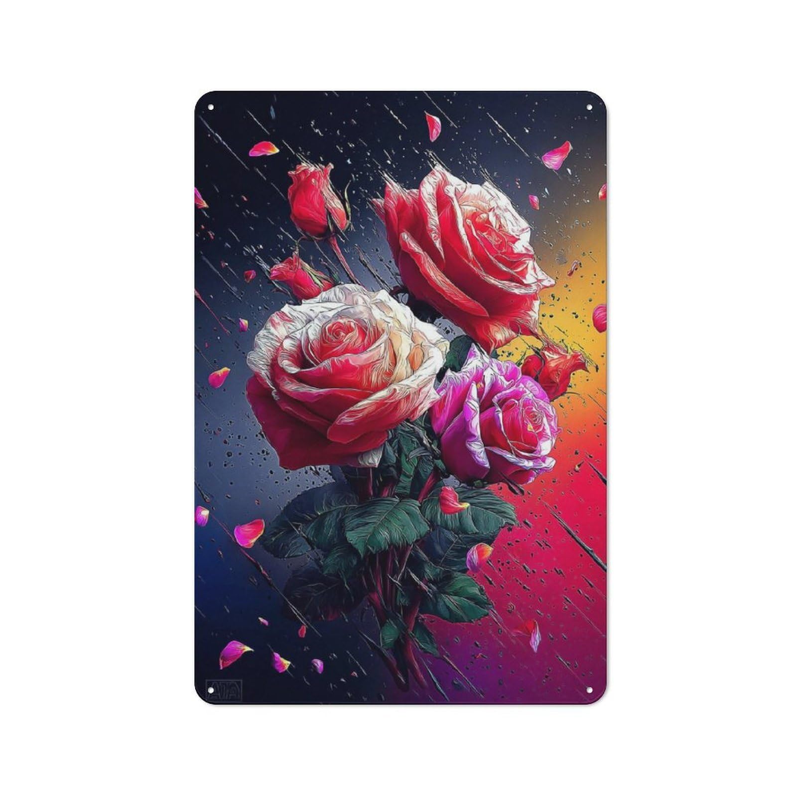 Junmoney Vibrant Rose Bouquet Artwork Tin Wall Plaque 30X20cm With For Café Or Restaurant, Suited To Restaurant Decor Fans