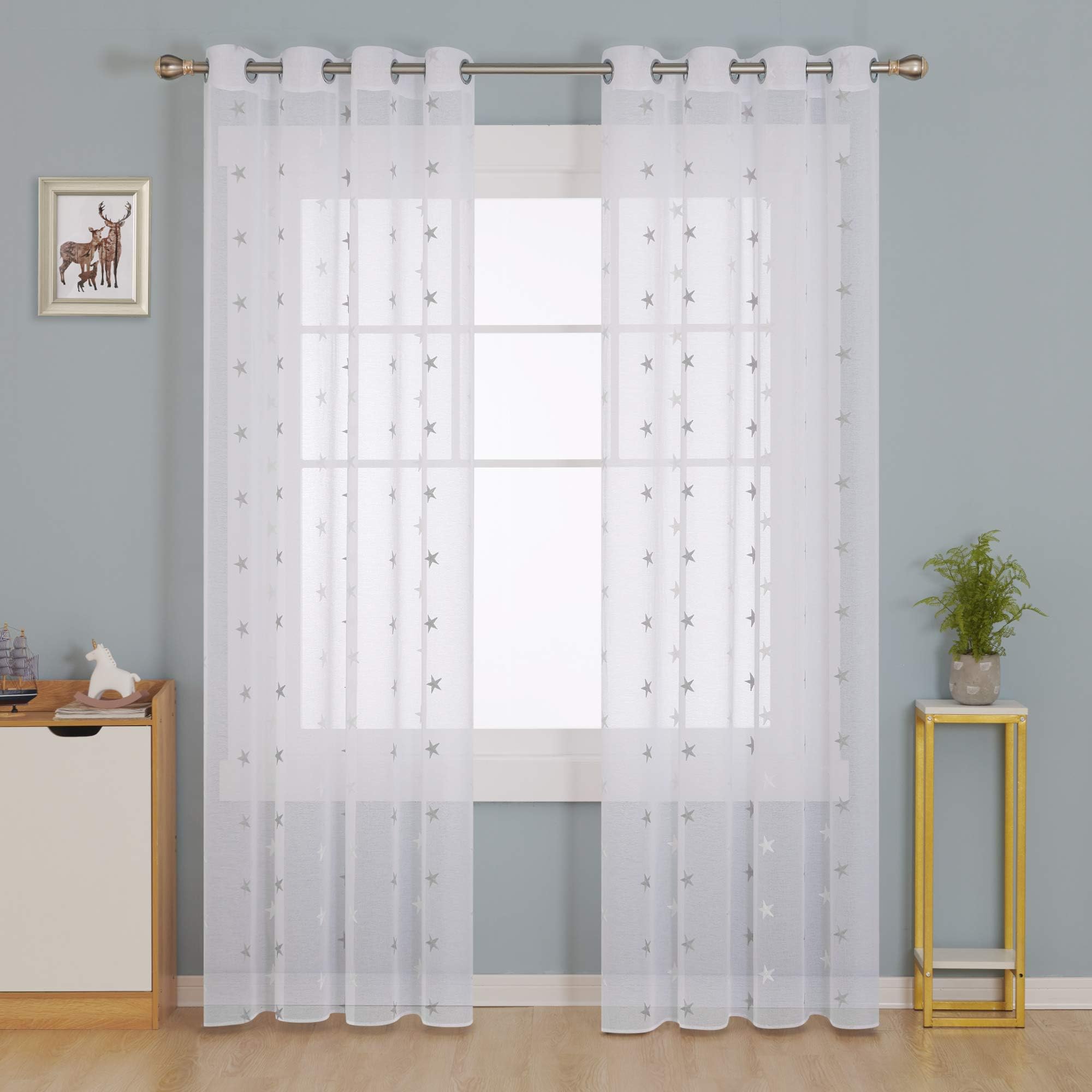 Deconovo Cortinas Salon Visillos para Ventanas Cortina Translucida con Ojales para Dormitorio Infantil ２ Piezas 140 x 260 cm Gris Estrellas Grandes