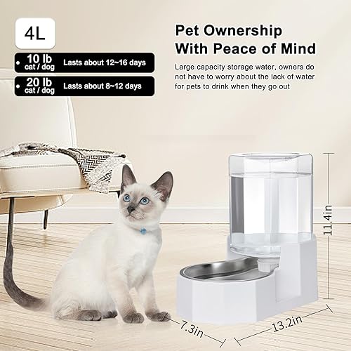 Miniatura 2 de Sfozstra Dispensador de cuenco de agua por gravedad alimentador automático de acero inoxidable para gatos blancos de 4 litros sin filtros para