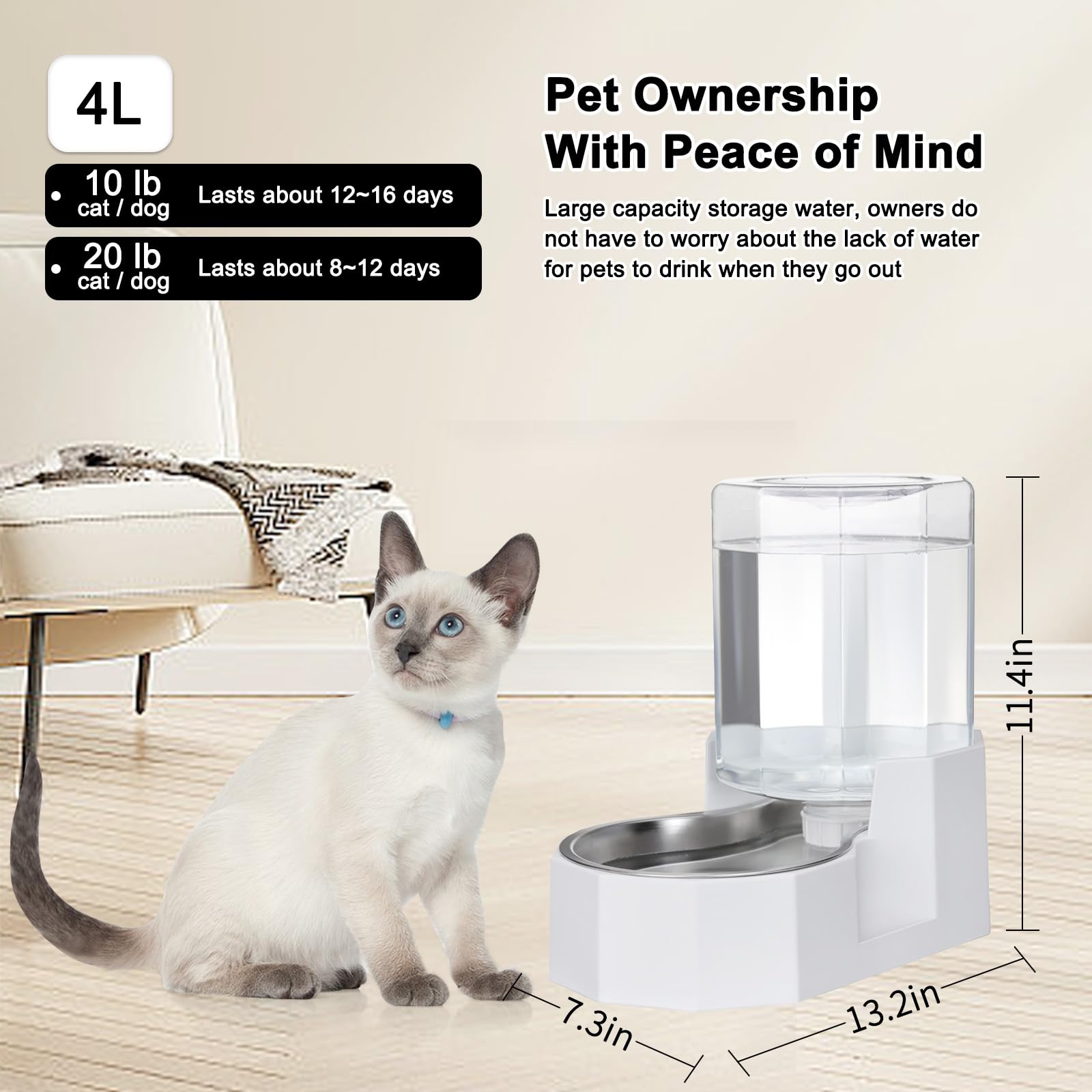 Sfozstra Large Dog Water Dispenser: 4L Stainless Steel Gravity Cat Water Feeder - Quiet Refill - No Power Needed - for Kittens & Cats - Bedroom/Kitchen Corner/Crate Area - image 3