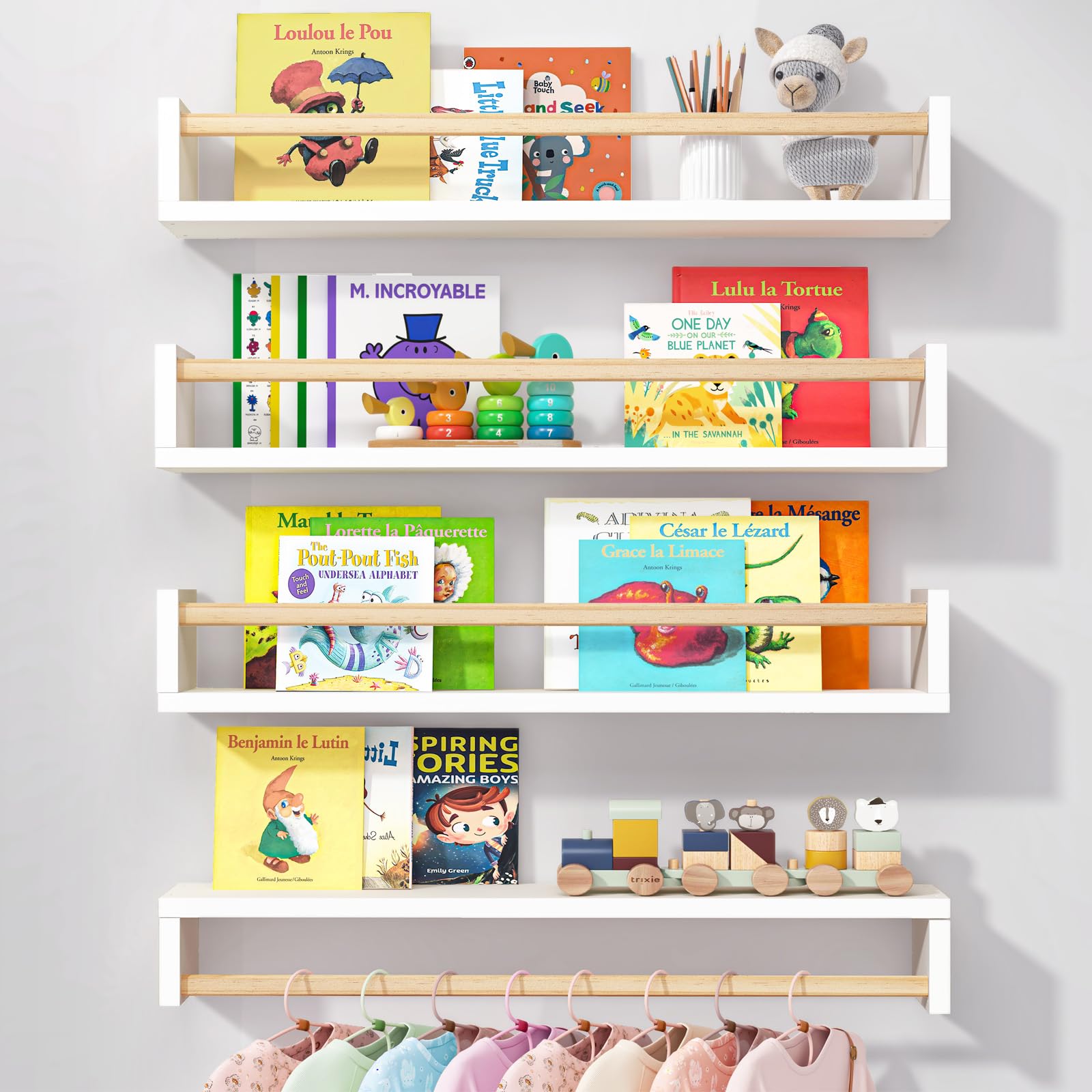 Fixwal Nursery Book Shelves, 23.6 Inch Floating Bookshelves for Wall Set of 4, Baby Nursery & Playroom Decor, Solid Wood Wall Mounted Shelves for Books and Toys Storage (White and Natural Wood)