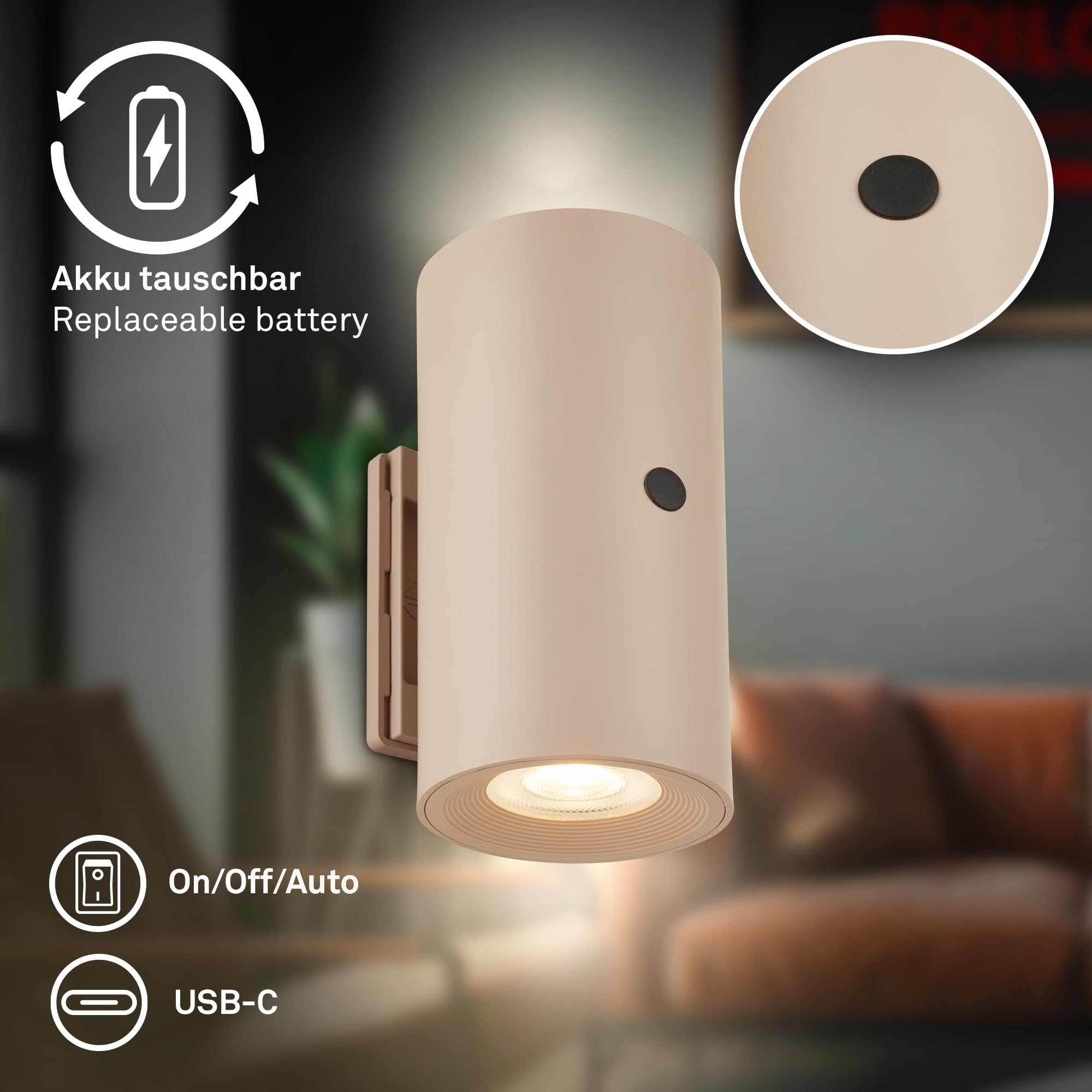 BRILONER Sticklights - LED Wandleuchte ohne Stromanschluss und ohne Bohren mit Akku, Touch, dimmbar, warmweißes Licht, Wandlampe zum Kleben, Leselampe, Wohnzimmerlampe, Flurlampe, 6,1x12 cm, Beige