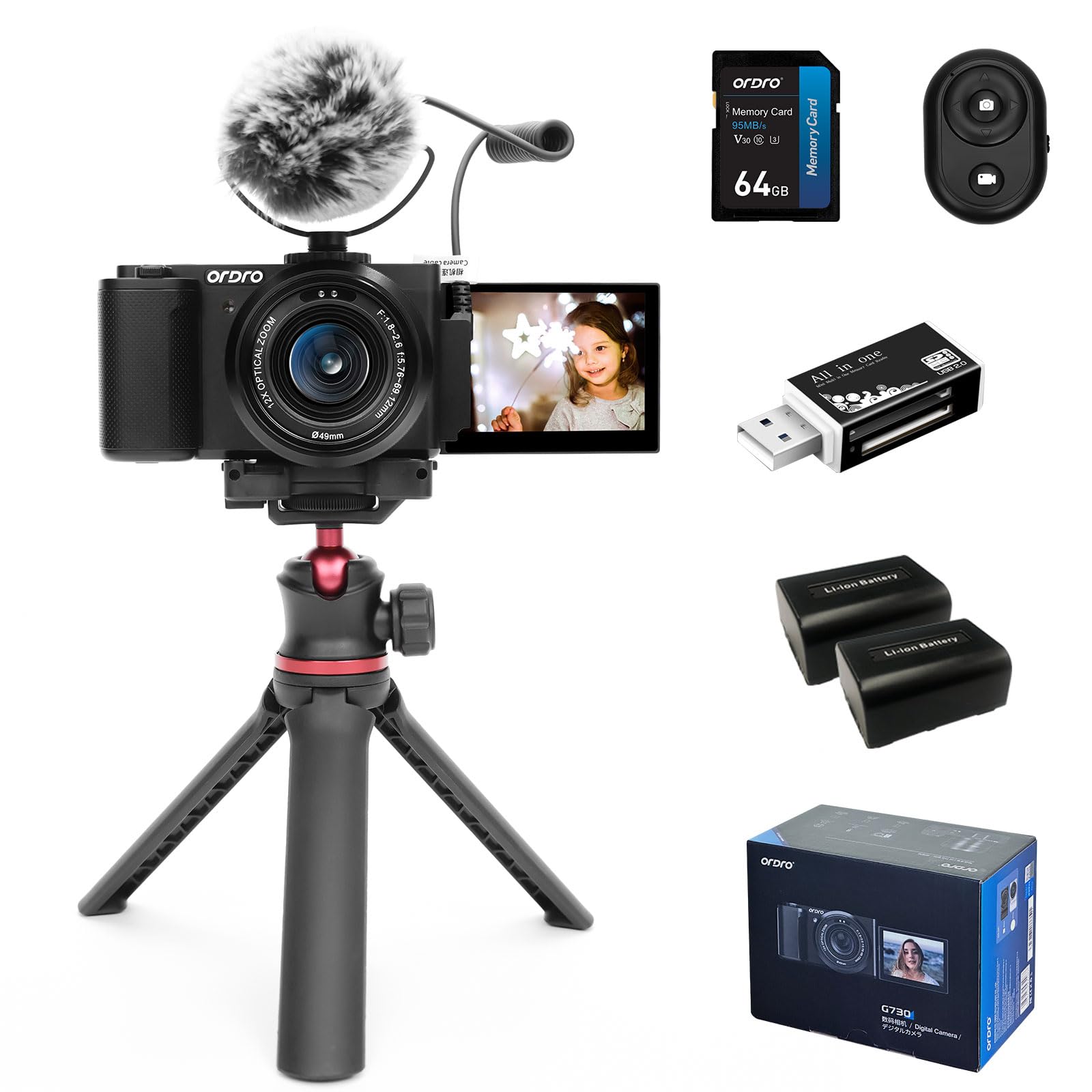 ORDRO Vlogging Camera, Digital Camera for Photography 64 MP, 12X Optical Zoom, Camera Kit: Bundle with 64GB Card, Tripod and Mic for Point and Shoot