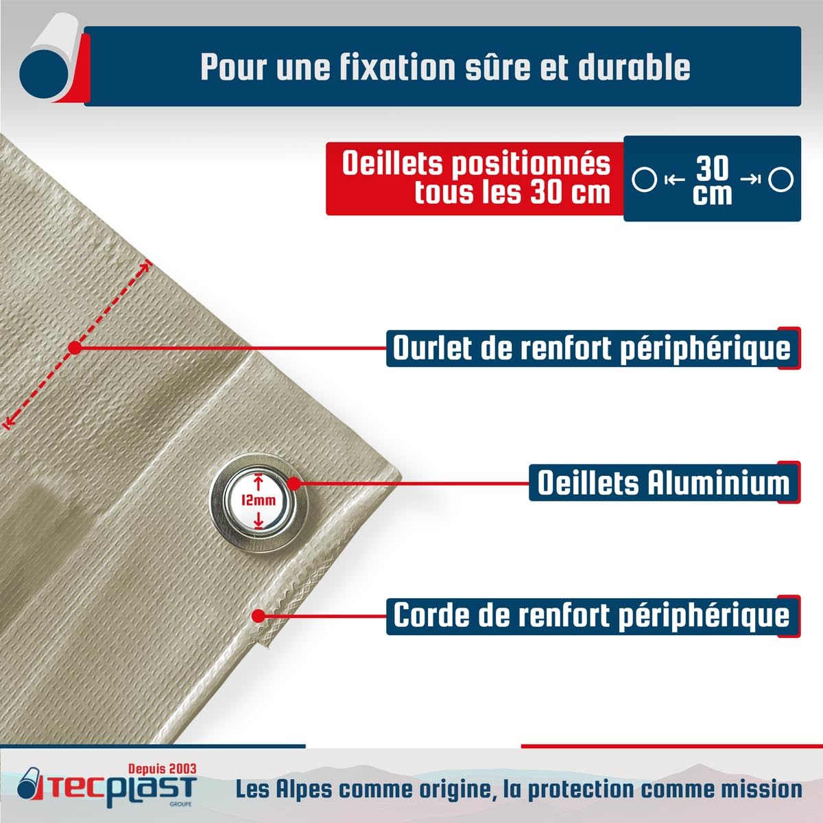 TECPLAST Bâche de Chantier 3x5 m LP506CH Blanc Crème - Garantie 5 Ans - Bâche de Protection étanche en PVC pour Travaux