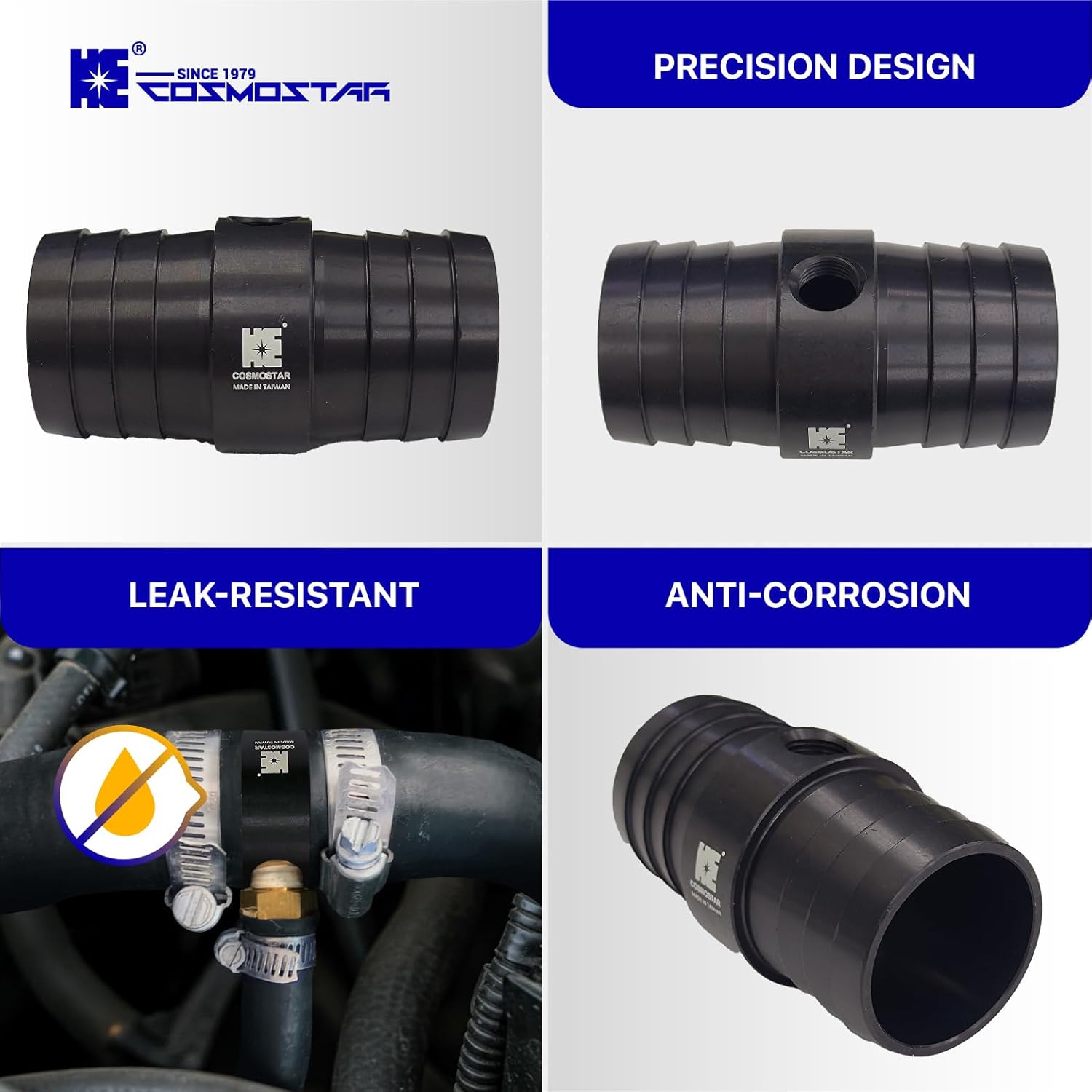 Cosmostar 1-1/4" Radiator Hose Barb Coupler Adapter with 1/8" NPT Steam Port for LS Swap – Aluminum Coolant Crossover Splice for Steam Vent Radiator Hose Fitting (Black)-NN17N02