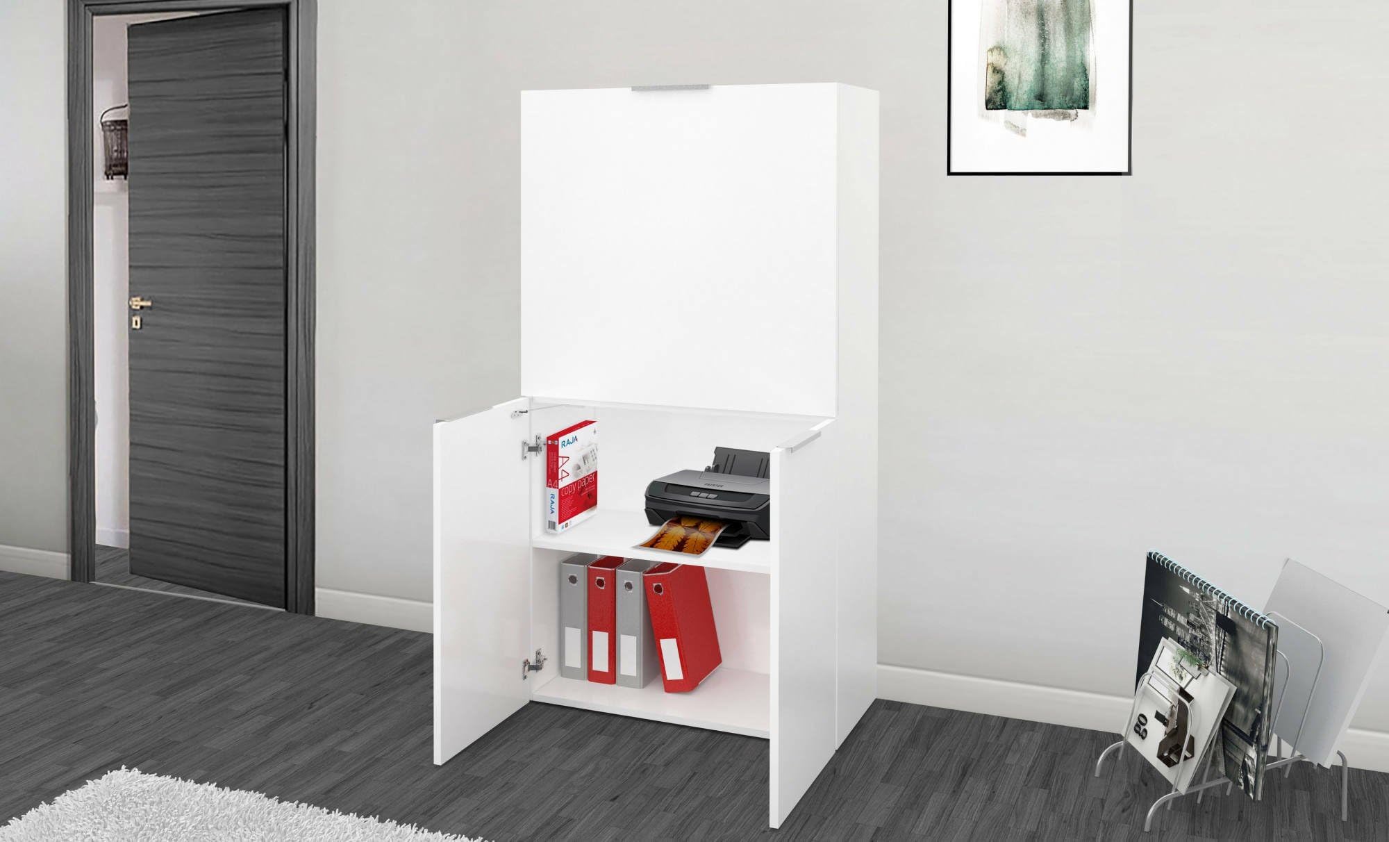 Dmora - Scrivania Gianpiero, Mobile multiuso con scaffali e piano da lavoro, Tavolo multiuso per ufficio, Scrivania salvaspazio multiposizione, 100% Made in Italy, cm 70x35h140, Bianco lucido