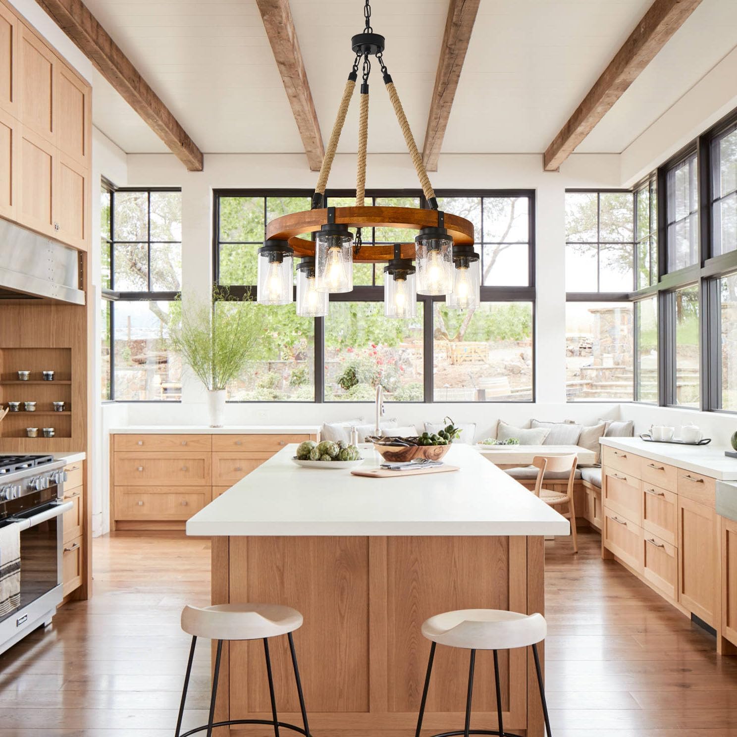 6 Light Round Wagon Wheel Chandelier Farmhouse Rustic Pendant Light Fixture with Seeded Glass Shades,Wood Industrial Hemp Rope Chandelier for Living Room, Dining Room Kitchen Island (Wood-800-6T-Down)