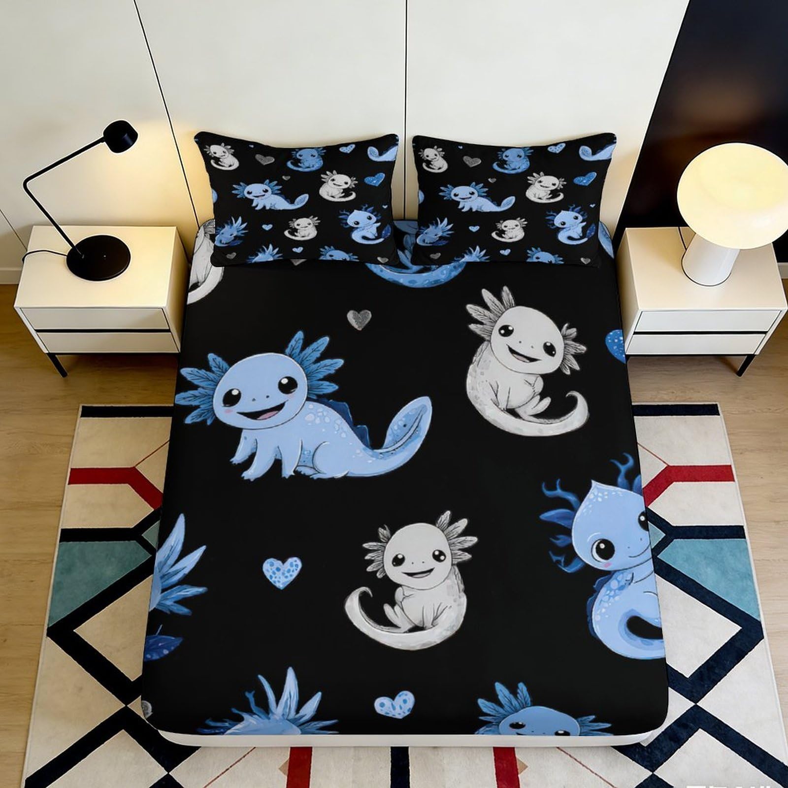 3D Printed Axolotl Cartoon Fitted Sheet Microfiber Soft Black Cute Animal Bed Cover for Bedroom Guest Room Home 90x200x25cm