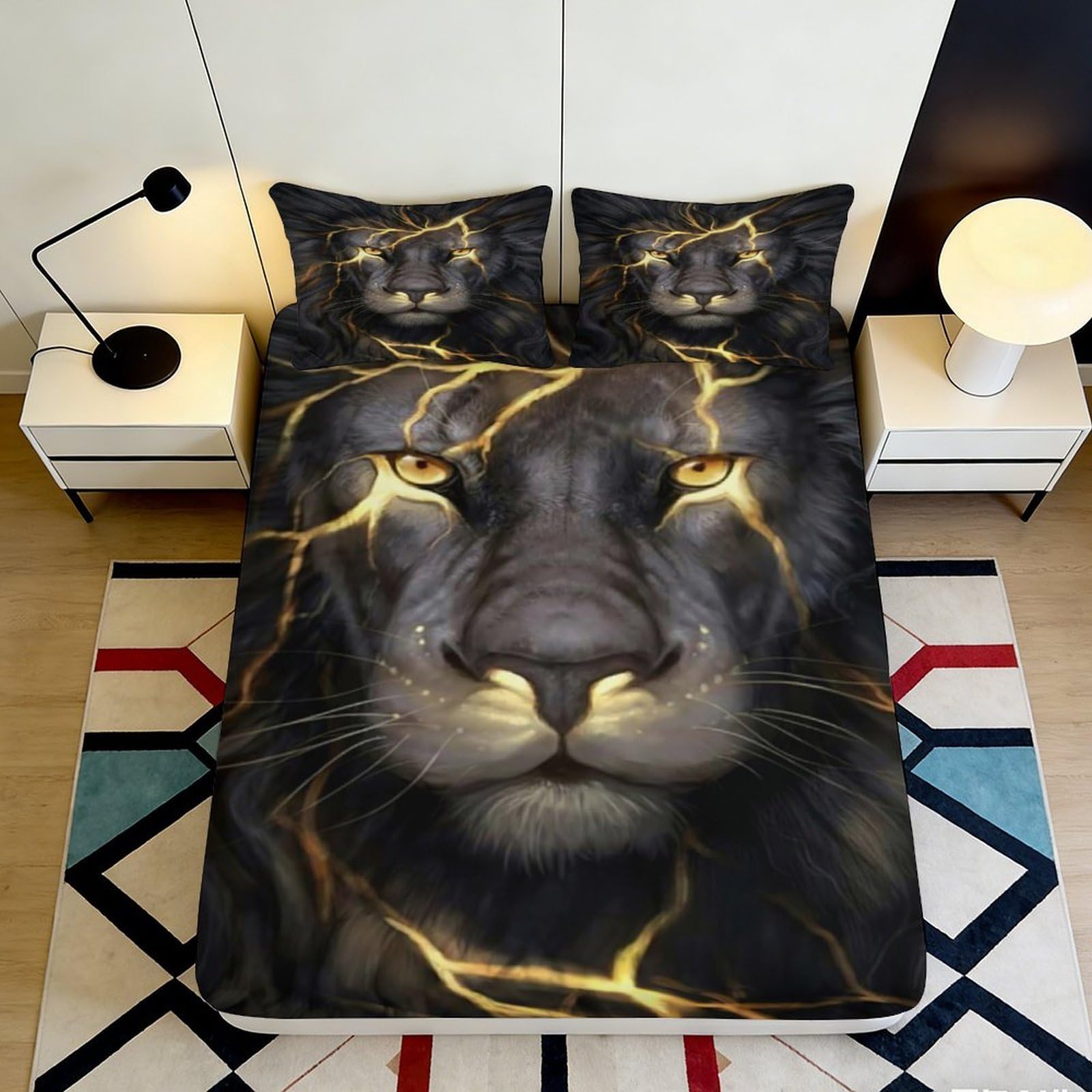 3D Printed Black Lion Fitted Sheet Microfiber Soft Breathable Lightning Bed Cover for Bedroom Dormitory Guest Room Mattress Protection Decor 180x200x25cm