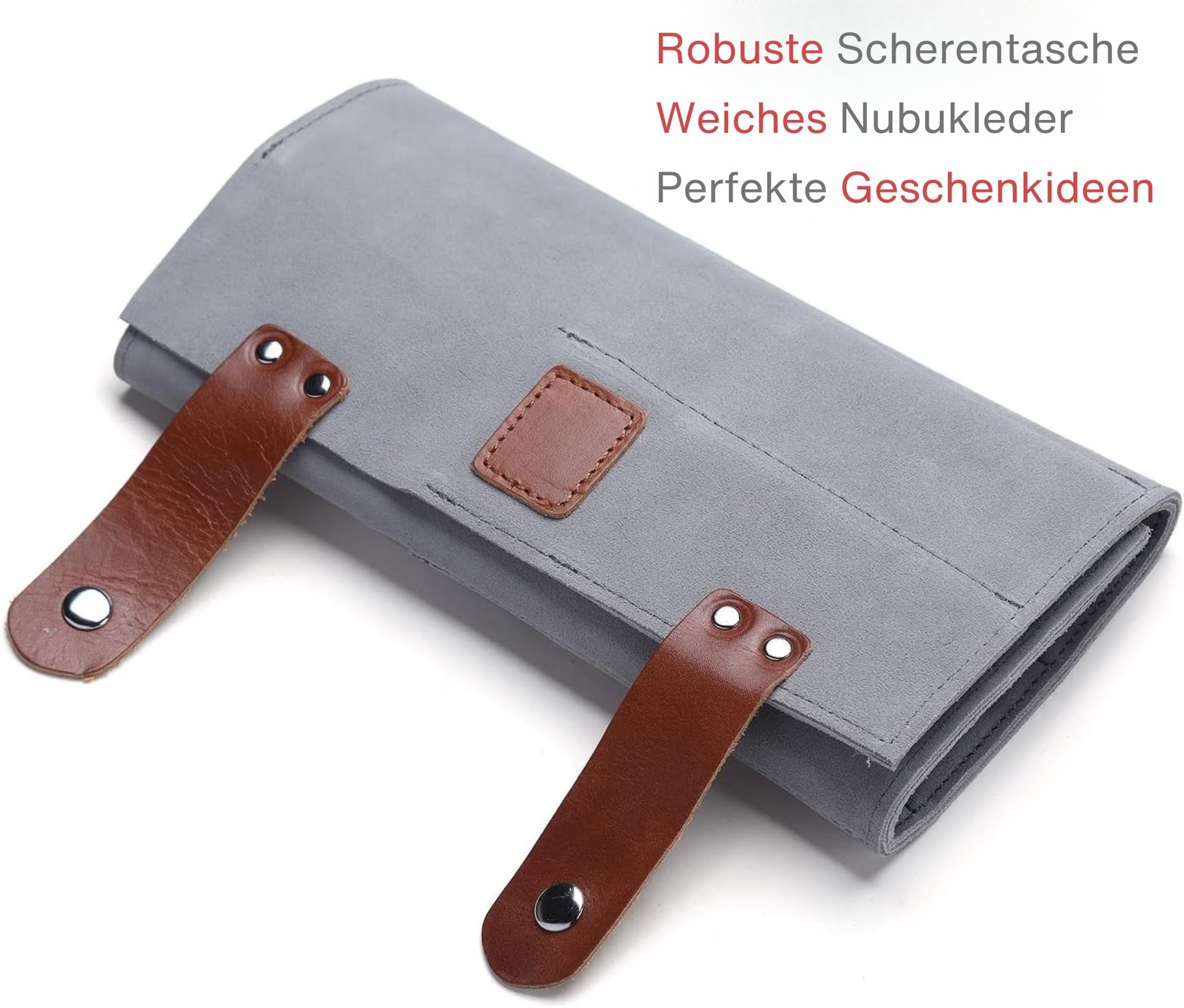 PERFEHAIR Friseurtasche in Grau – Professionelle Werkzeugtasche mit 12 Fächern für Scheren & Barber-Zubehör (Roll-up Design, Haarabweisend) – Leichte Ledertasche für Salon, Reise & Geschenk