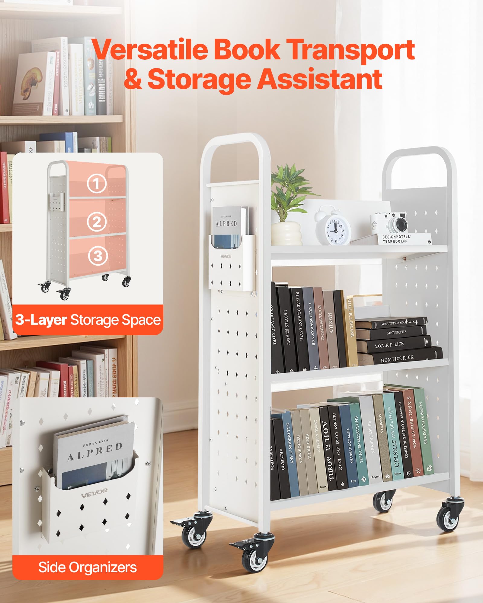 VEVOR Carrello Portalibri con Ruote 770 x 380 x 1220 mm Carrello Rotante Porta Libri, Carico 150 kg Ripiani a V Monofacciali con Ruote Bloccabili 7,6 cm per Scaffali di Casa, Ufficio e Scuola, Bianco