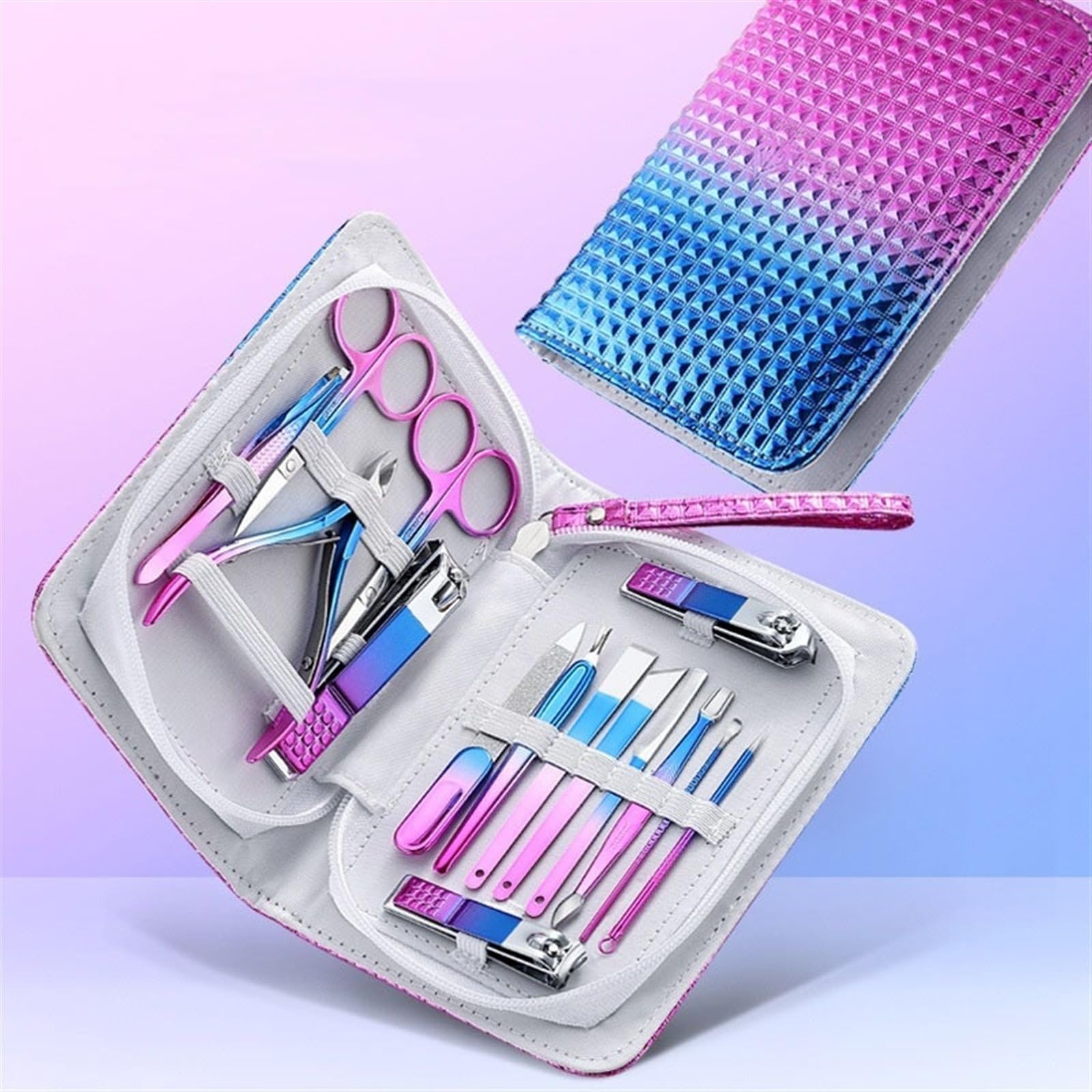 Kit de manicura profesional de acero inoxidable, juego de aseo de 13 piezas con estuche de viaje para el cuidado de las uñas