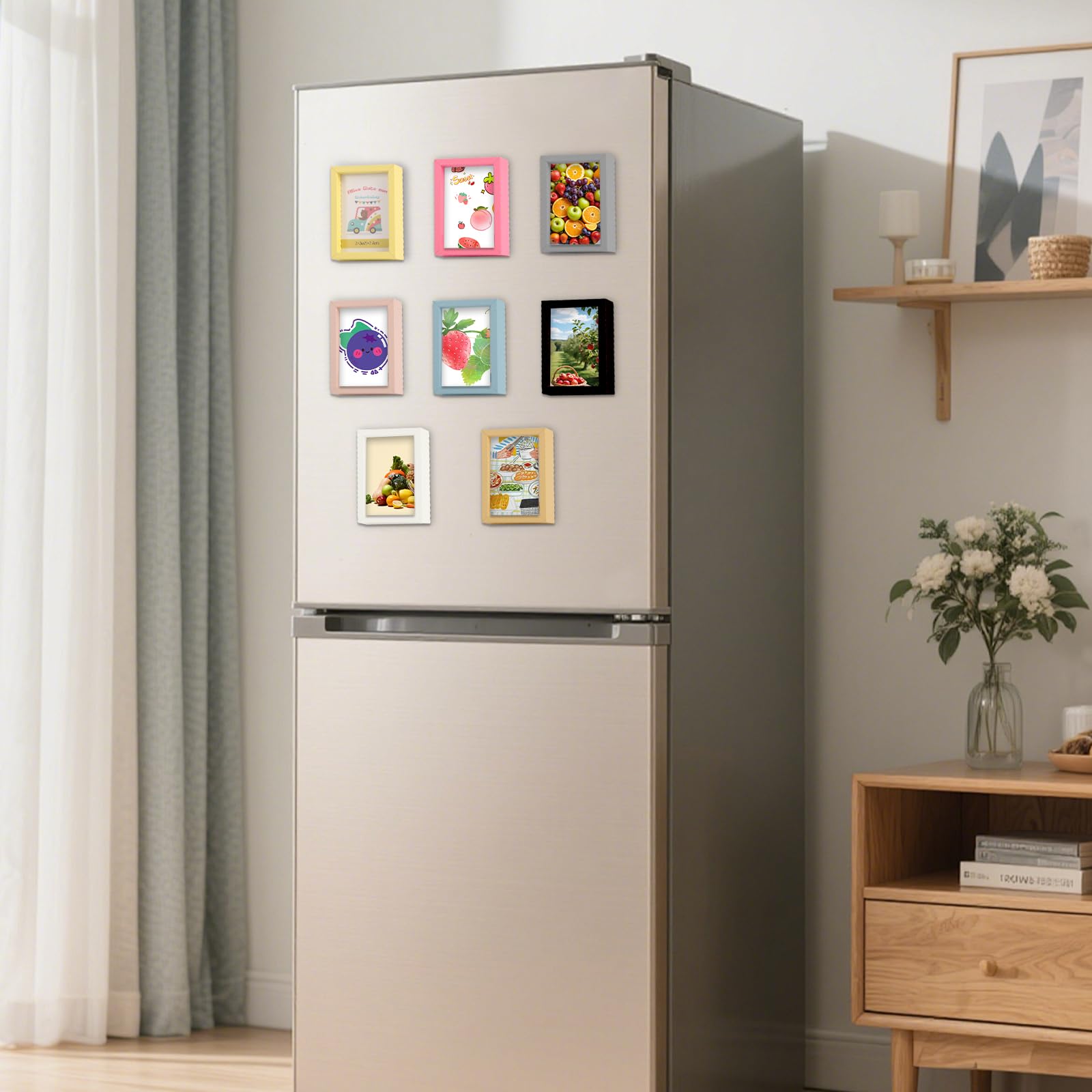 Magnetische Mini Bilderrahmen,Polaroid Fotorahmen mit Magnete für Kühlschrank, Kinderzeichnungen Holz Rahmen,Kleine Bunt Set aus 8 Stück (5x7.6 cm / 2x3 Zoll)