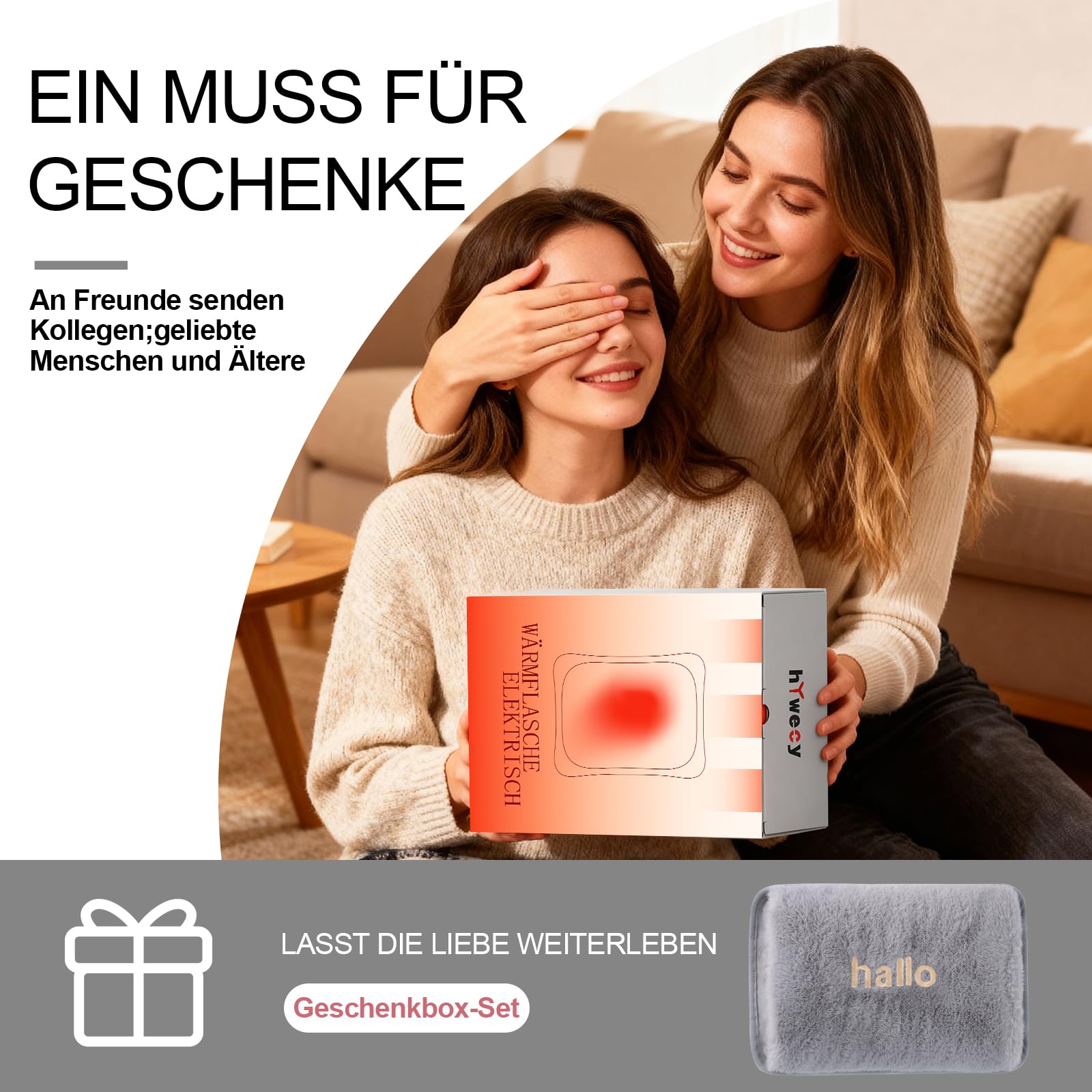 Wärmflasche Elektrisch,Tragbare Elektrische Wärmflasche Mit Weichem Bezug,Elektrische Wärmflasche Wohltuende Wärme an Rücken,Bauch, Nacken (Grau)