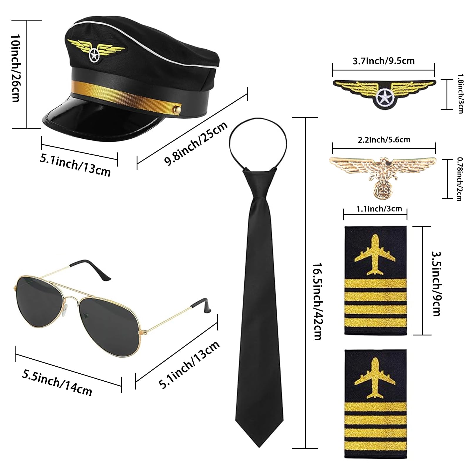 Kostium pilota, kostium kapitana, akcesoria do kostiumu, zestaw pilotów, kapitan, karnawał, pagony, paski, kapelusz pilotka, dla dorosłych i mężczyzn, na imprezę (czarny)