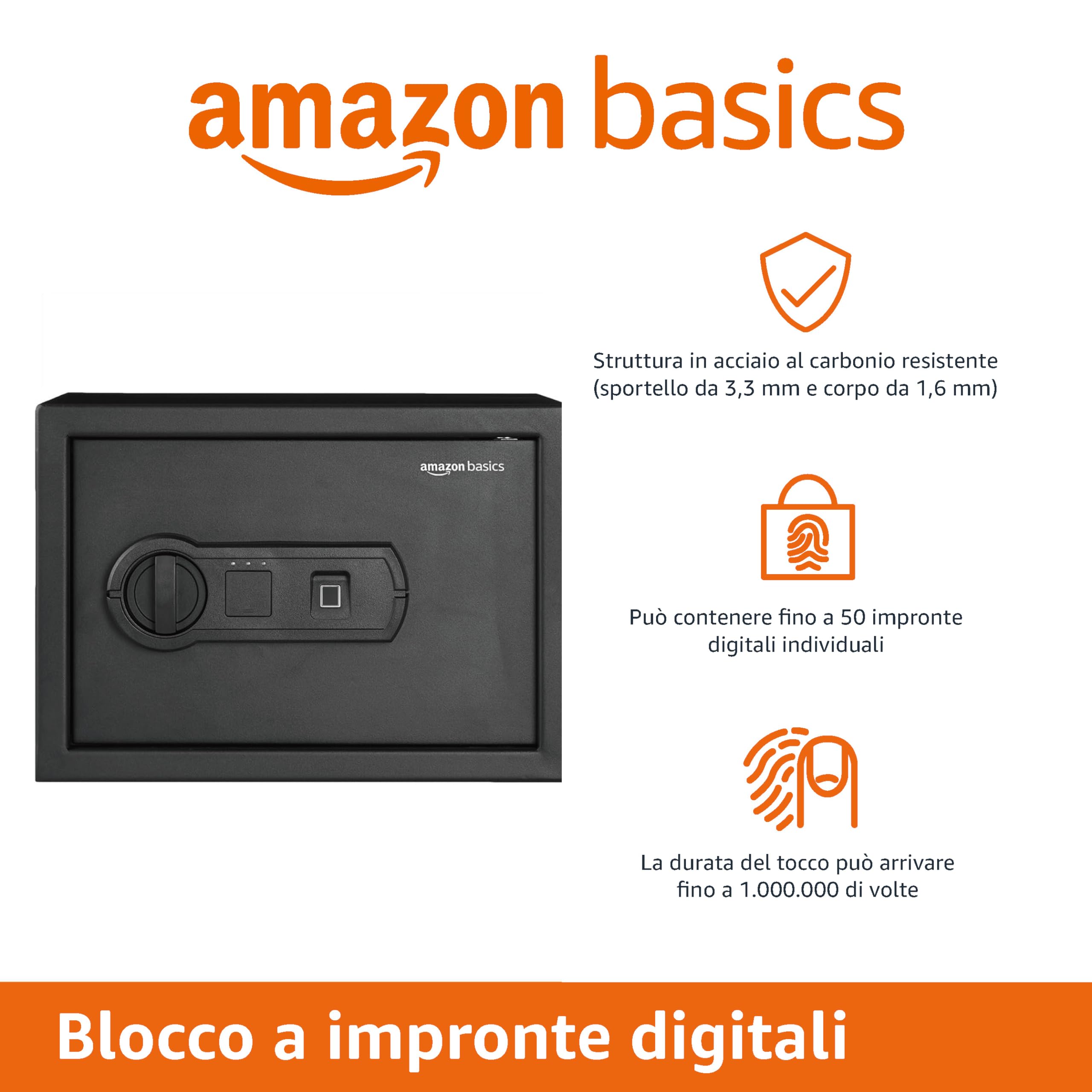 Amazon Basics Cassaforte di sicurezza domestica in acciaio con blocco biometrica per impronte digitali, per proteggere contanti, gioielli, documenti, 14 L, nero, 35 x 24,9 x 24,9 cm (LxPxA)